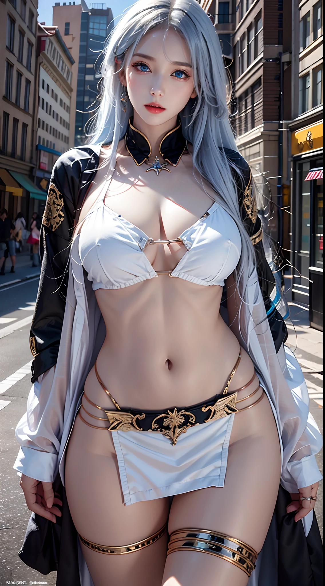 photorealistic, high resolution, soft lights, 1women, solo, hips up, look at viewer, (detailed face), blue eyes, white hair, long hair, huge breasts, street wear, white shirt, black skirt, tattoo,jewelry
