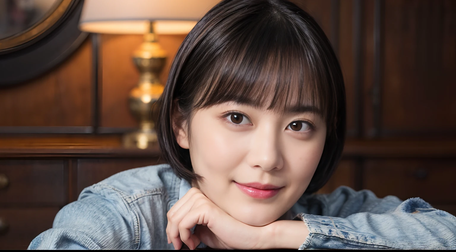 ((1womanl)), (((Black Shorthair))), (masuter piece:1,3)、top-quality、masterpiece、hight resolution、Original、highly detailed wallpaper、jeans、 (A slight smil)、a small face、((Full breasts))、(Graphic T-shirt with animal characters printed)、(Light on Face)、Live-action style, Beautiful facial features, Luxurious large room, cowboy shot
