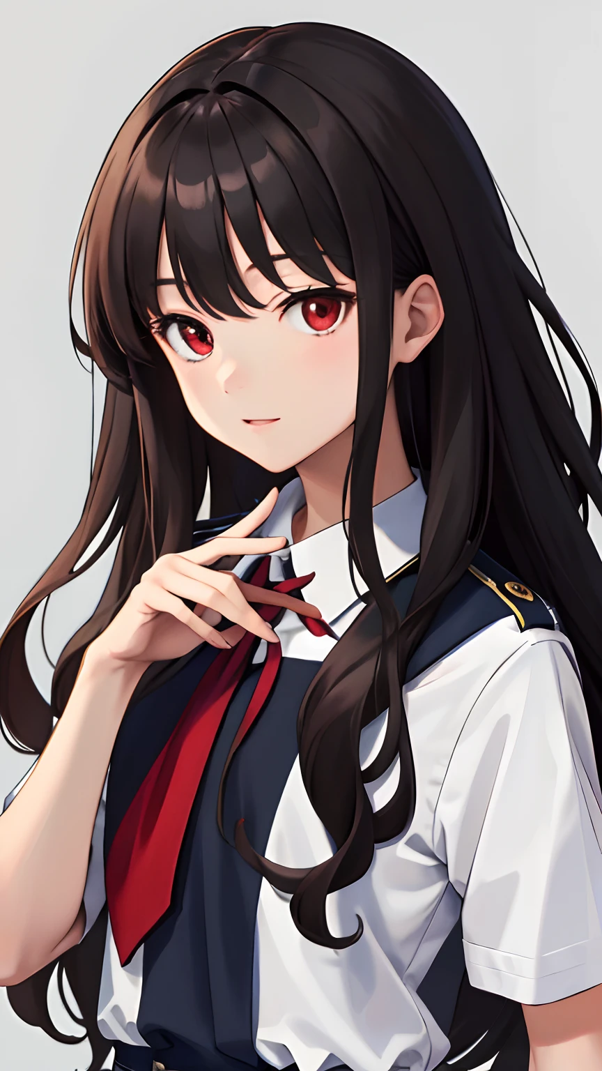 (masterpiece, best quality:1.2), looking at viewer, school uniform, (wavy hair:0.8), long hair, red eyes, upper body,