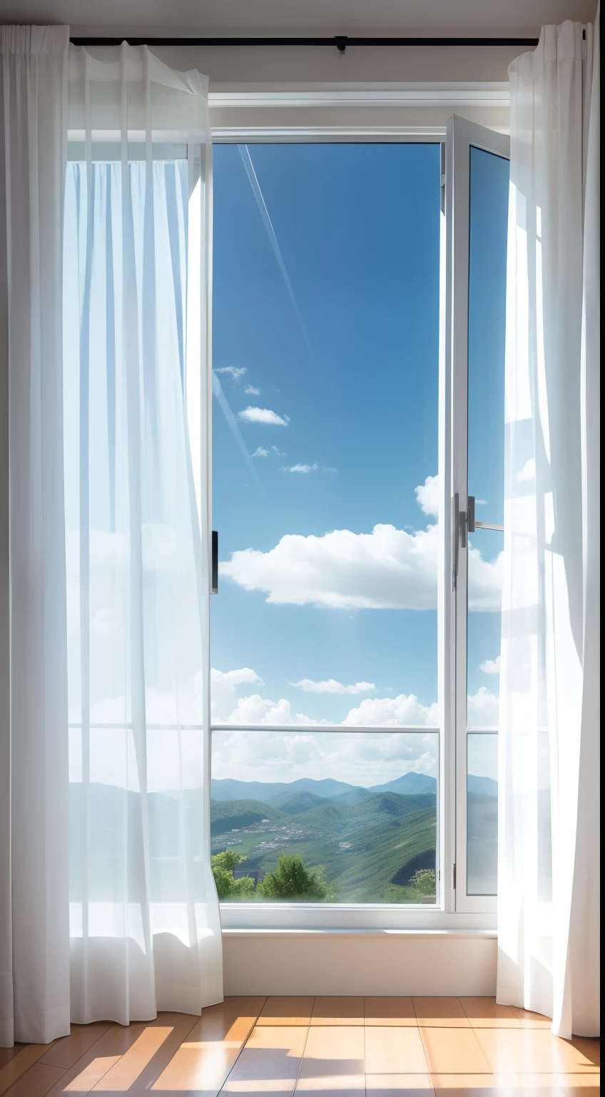 hermosas cortinas,The curtain folds are straight,Screens,窗帘,Frameless windows,Large living room,Blue sky and white clouds outside the window Window sill front window,rays of sunshine,8K