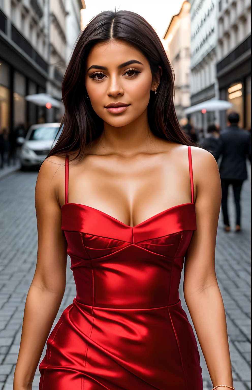 belle fille, brune, tanned skin, dans la ville, Selfie, wear a red evening dress , fille, 夏天, petit nez, nez fin grosse bouche, grosse poitrine, (((very heavy bust))), cheveux bruns, long_cheveux, portait Kylie Jenner, Kardashian, Look into the camera, symmetrical face, photoreallistic, photographie, Spectacular lighting,, magnifique, clivage, Oriental, (Masterpice), Best quality, High resolution, Extremely detailed, peau avec pores, profondeur de champ, lighting cinematic, dans les rues de Milan