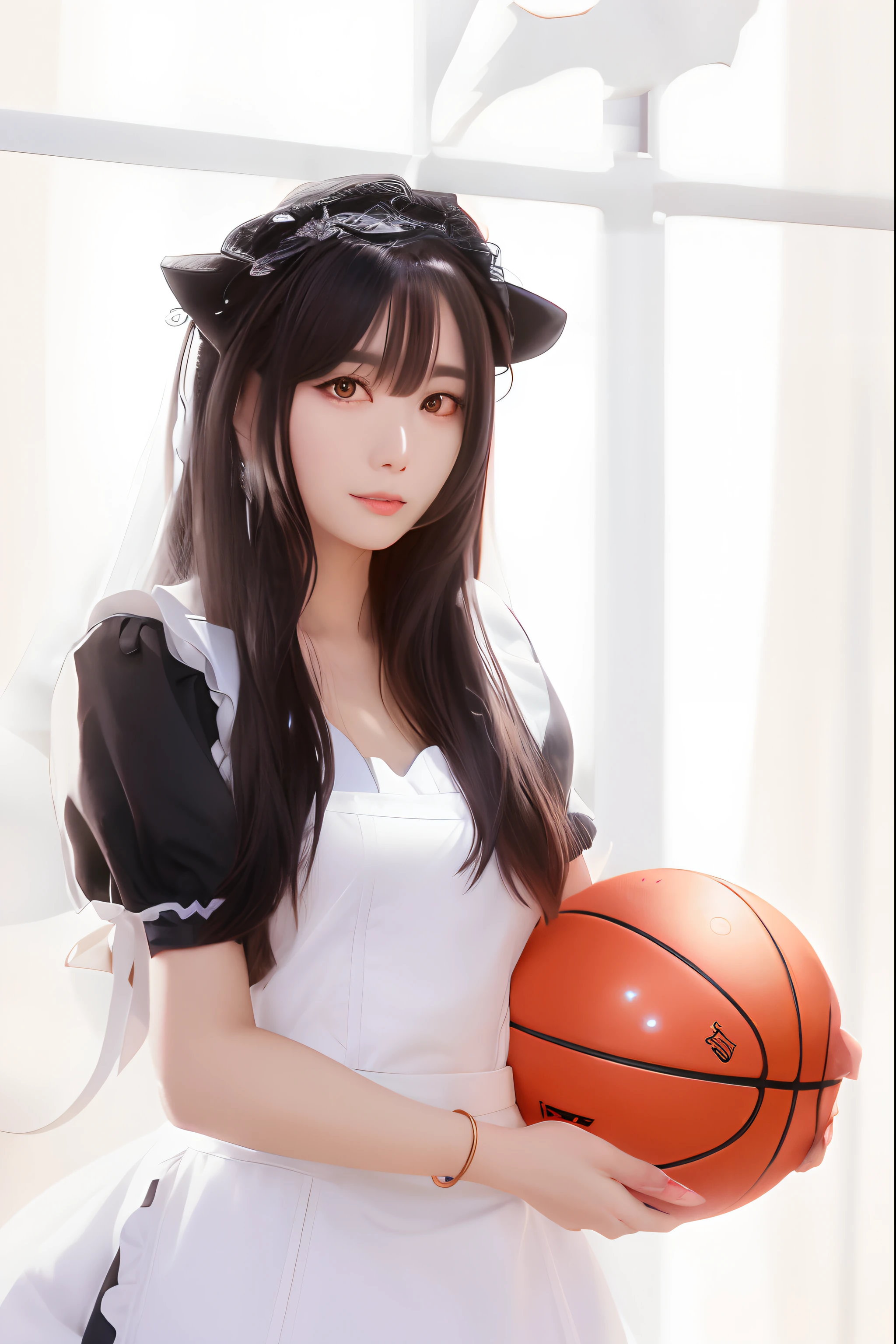 Allafard Asian woman holding a basketball in a maid outfit, ulzzangs, tzuyu from twice, chiho, sakimichan, cosplay of a catboy! maid! dress, Li Zixin, dilraba dilmurat, wenfei ye, xintong chen, Official, Anime girl cosplay, Marin Kitagawa fanart