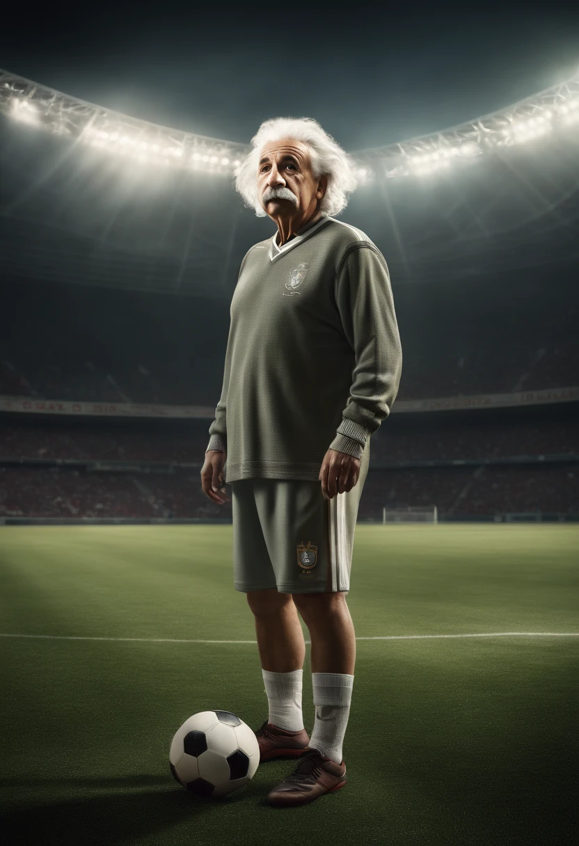 (((Albert Einstein))), wearing soccer outfit, looking at viewer, portrait, hyper detailed POV, rich colors, hyper realistic, lifelike texture, dramatic lighting, standing in a soccer Stadium, detailed symmetric realistic face, extremely detailed natural texture, extremely detailed, amazing, fine detail, photo realistic, RAW photo, TanvirTamim, high quality, highres, sharp focus, extremely detailed, cinematic lighting, Top image quality, hight resolution, full body,、play along the stadium, Ball, (((see the whole body))), Edge Of Realism, lifelike texture, dramatic lighting, hdr