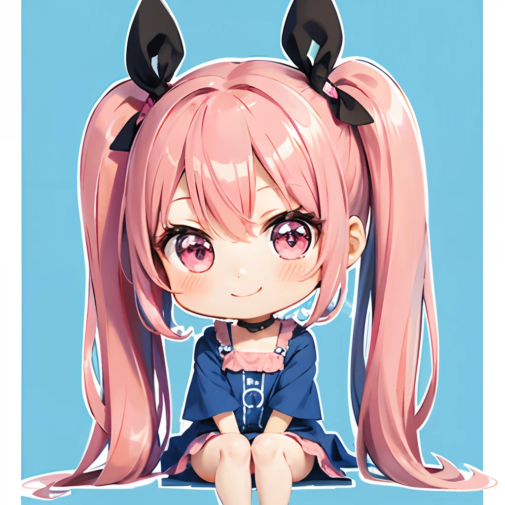 Cute chibi anime sitting on a blue plate, long pink hair with twin tails、Wear a hot pink mini dress, Smiling, Logo is cheap