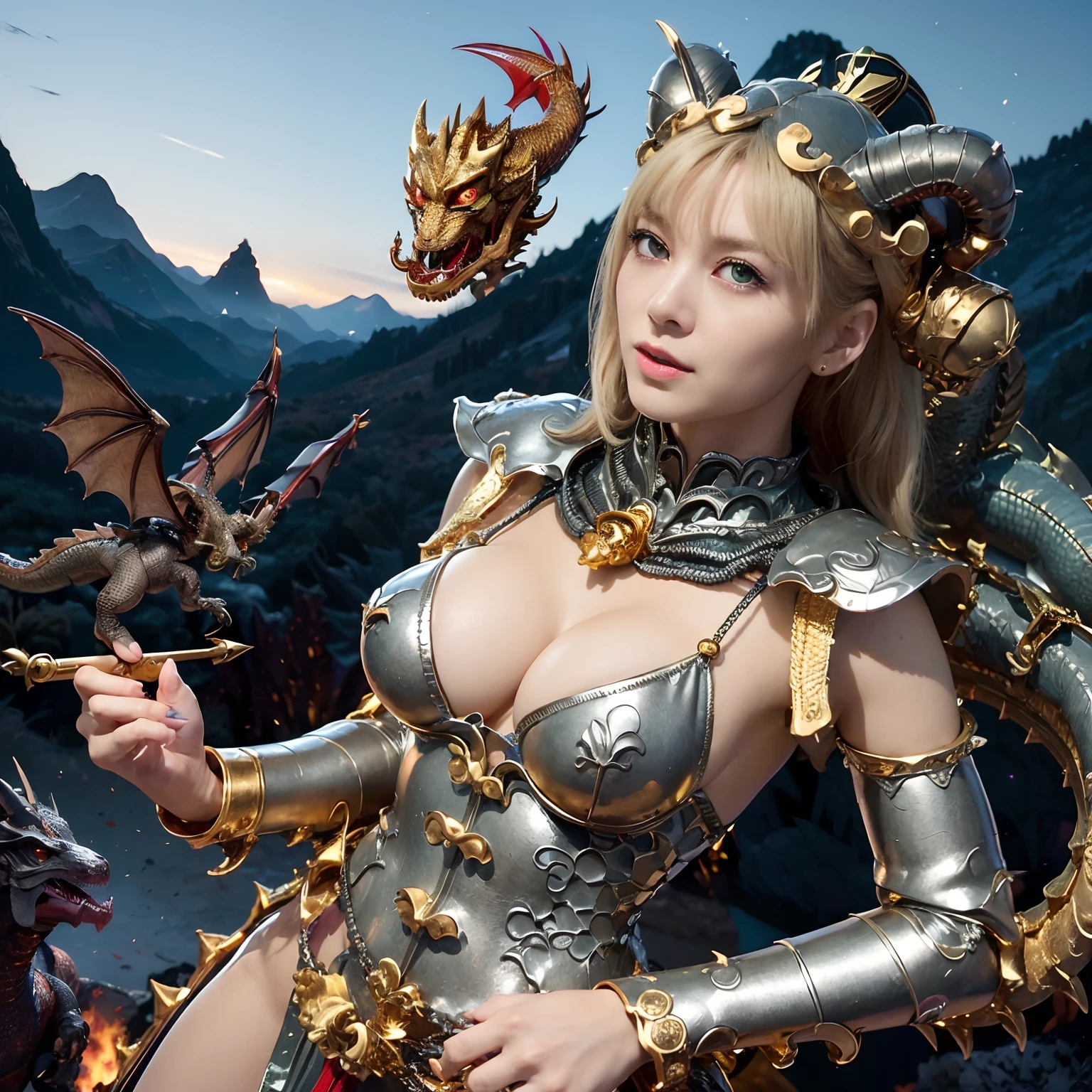 Professional , masterpiece、超A high resolution、top-quality、photos realistic 、((super realistic details))、portlate、octan render、8K、Armpit、ultrasharp、(Fight fiercely against zombie soldiers)、(Dragon Black Metal Body:1.9),(Matte Blue Silver、(Night World)、(cleavage of the breast)、Dragon Gold Weapon、(Micro Bikini Armor:1.4),Mystical expression、Gorgeous gold weapons ,(Fight dragons)、Seductive look、(( Dragon's dense and gorgeous sword)) , (demonic wings) ,Detail and gorgeous crown、((a blond))、(Castle background)、((Gangle's forest background))、Beautiful Caucasian beauty、1a person、dynamic ungle,(((Detailed and ornate dragon helmet)))、Smaller head、A smile、Castle background、Thin and beautiful female hands、cleavage of the breast、Soldier in iron armor on background、Mystical expression、Light Effects、intense fighting、Wind-effect、magic circles、With the legendary magic wand、Dragon's tail、fight、(Fight fiercely against zombie soldiers)、