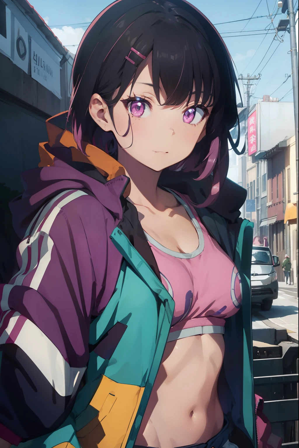 shizukamikazuki, shizuka mikazuki, short hair, purple hair, hair ornament, hairclip, (pink eyes:1.5), swept bangs, (small breast:1.2),
BREAK navel, cleavage, jacket, open clothes, midriff, hood, open jacket, blue jacket, hooded jacket, sports bra, hood down,
BREAK looking at viewer,
BREAK outdoors,
BREAK (masterpiece:1.2), best quality, high resolution, unity 8k wallpaper, (illustration:0.8), (beautiful detailed eyes:1.6), extremely detailed face, perfect lighting, extremely detailed CG, (perfect hands, perfect anatomy),