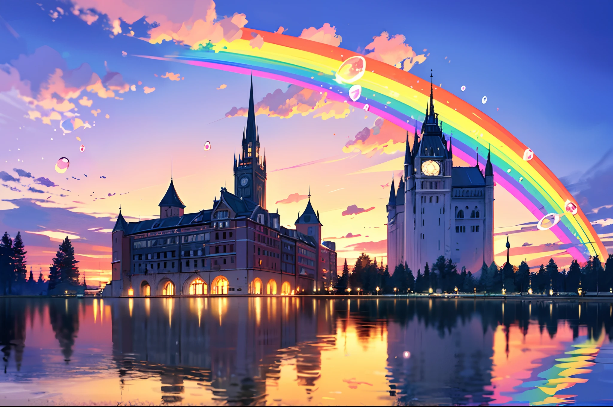 (Best quality), (masterpiece:1.3), Fantastic Magic World, rainbow collar flowing clouds, rainbow spirits and lots of water bubbles, The little girl, Iridescent sky, Scenic center, Rainbow-coloured clouds, water reflections,