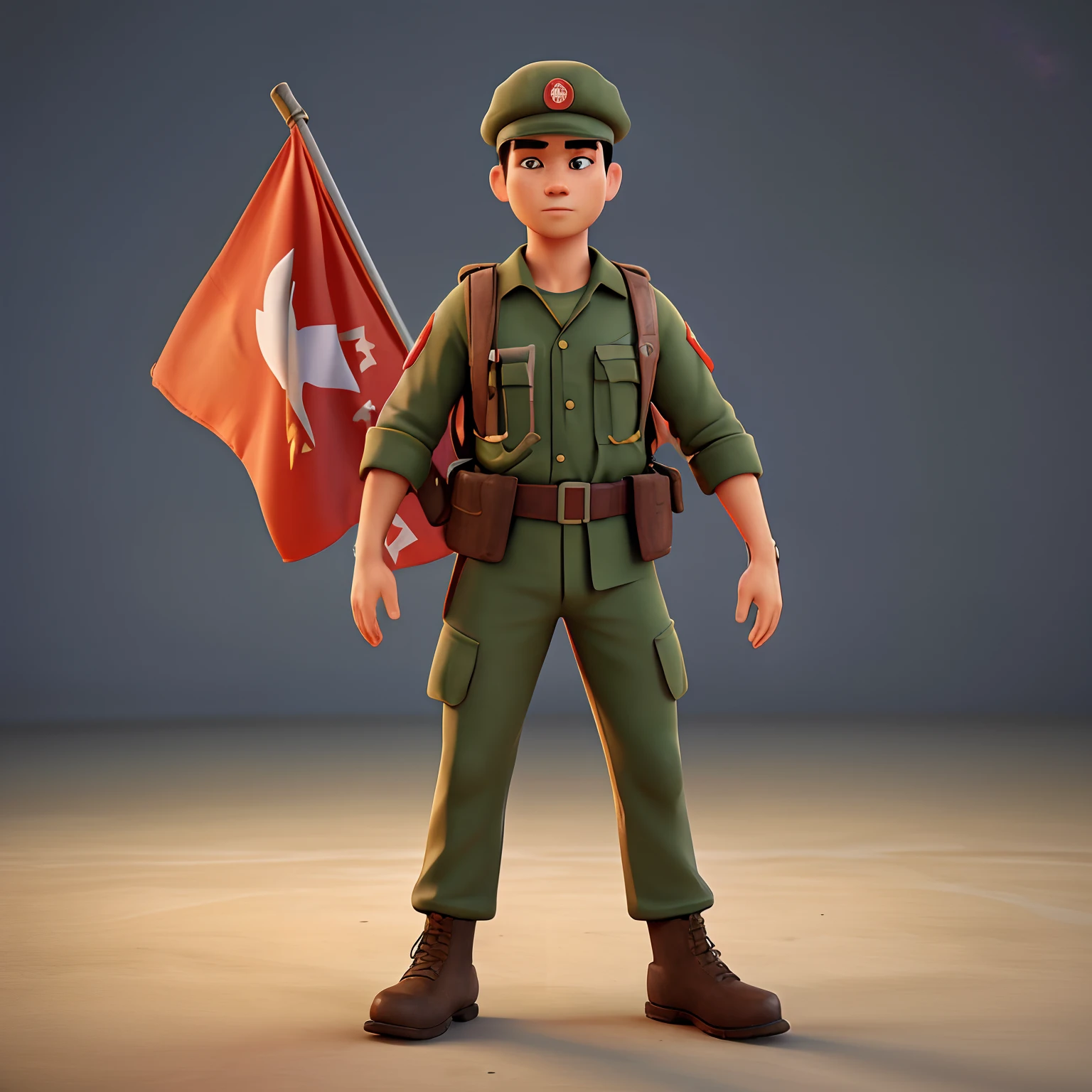 realistic 3d rendering of viet cong soldier fused soviet worker, surrounded by communist flag and big machines, full body photography, hyperrealistic