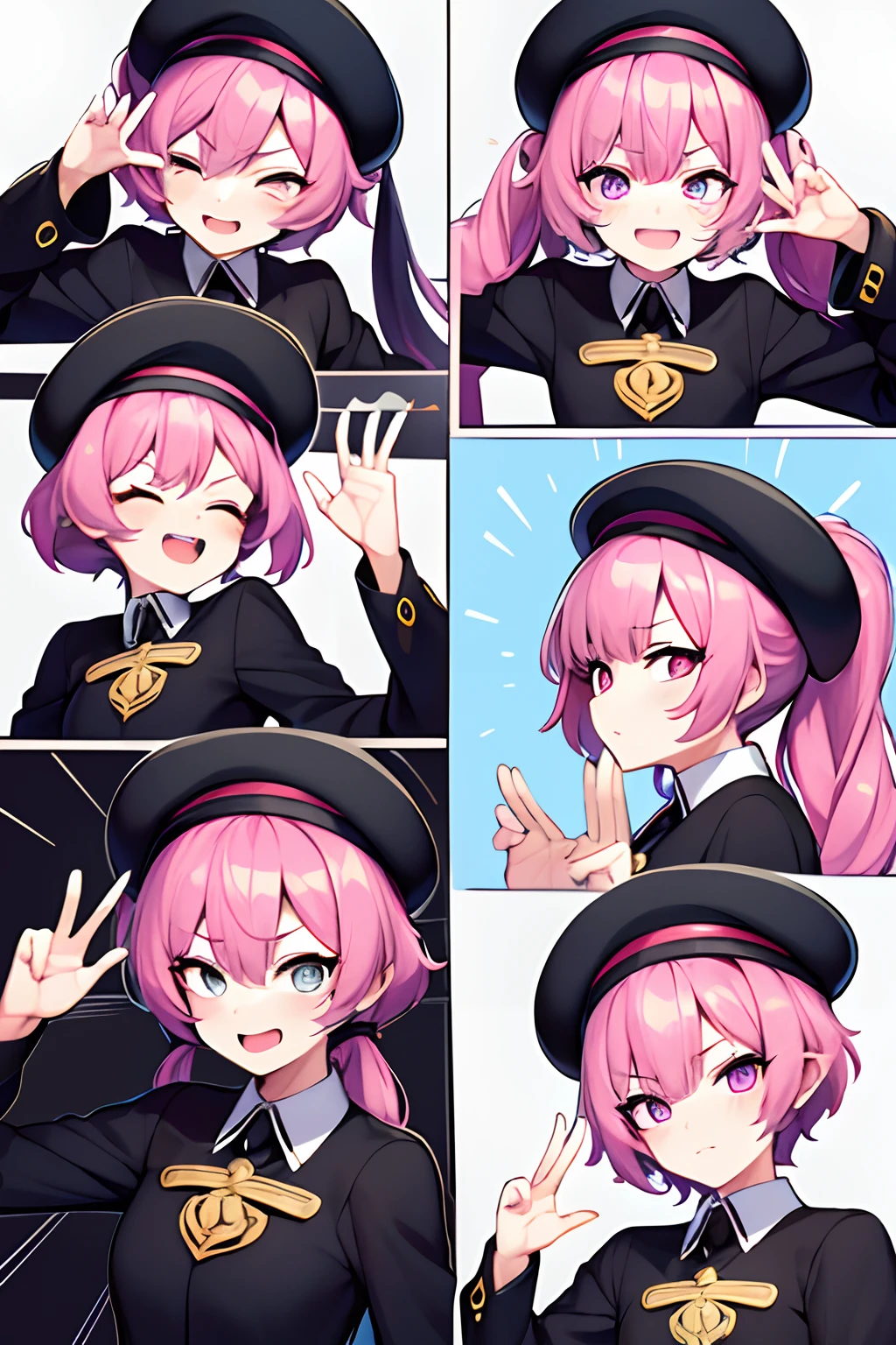 Cute boy avatar，Emoji pack， We look forward to having you participate in Dconrt NyTwoTwotoosersesoteos ，(9 emojis，emoj (beret) gauges，Align arrangement)，9 poses and expressions (grieves，astonishment，having fun，exhilarated，big laughter，Mild anger，doubt，Touch your head，Sell moe，wait) ，Anthropomorphic style，Disney style，Black stroke，differentemotions，9 poses and expressions，8K