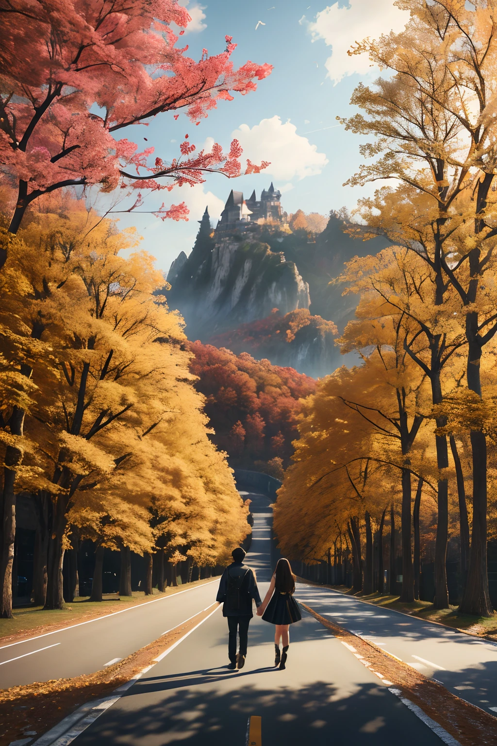 Masterpiece, Best quality, High quality, Extremely detailed Cg Unity 8K wallpaper,landscape with texture ,Beautiful view of autumn,maple trees,hillside,rios,A pair of young lovers walk hand in hand on the road,Very romantic,award winning photography, Bokeh, Depth of field, hdr, full bloom, color difference ,Photorealistic,Extremely detailed, trending on artstationh, trending on CGSociety, Intricate, High detail, Dramatic, art by midjourney