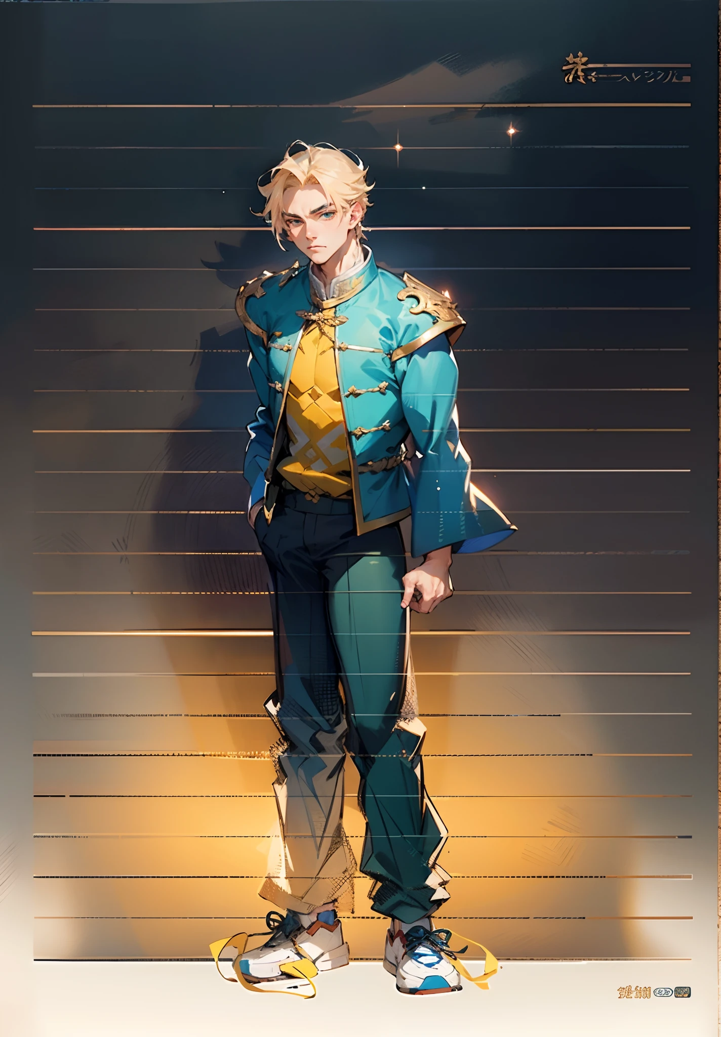 A man with short golden hair, hair standing straight up, a long tuft of bangs, thick eyebrows, a melancholic gaze, a square-shaped face, wears a Chinese-style wide-sleeved undershirt, over which he layers an open-front Dao robe, a color scheme of green and blue and yellow and white, he wears plain trousers and coarse cloth shoes, against the backdrop of a star-studded night sky, this character embodies a finely crafted fantasy-style Chinese martial artist character in anime style, characterized by an exquisite and mature manga illustration art style, full body character drawing, high definition, best quality, highres, ultra-detailed, ultra-fine painting, extremely delicate, professional, anatomically correct, symmetrical face, extremely detailed eyes and face, high quality eyes, creativity, RAW photo, UHD, 8k, Natural light, cinematic lighting, masterpiece:1.5