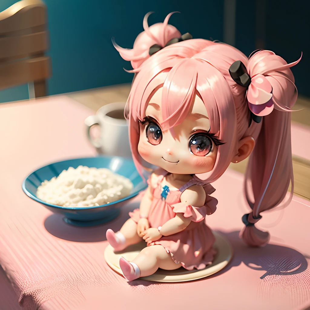 Cute chibi anime sitting on a blue plate, long pink hair with twin tails、Wear a hot pink mini dress, Smiling, Logo is cheap