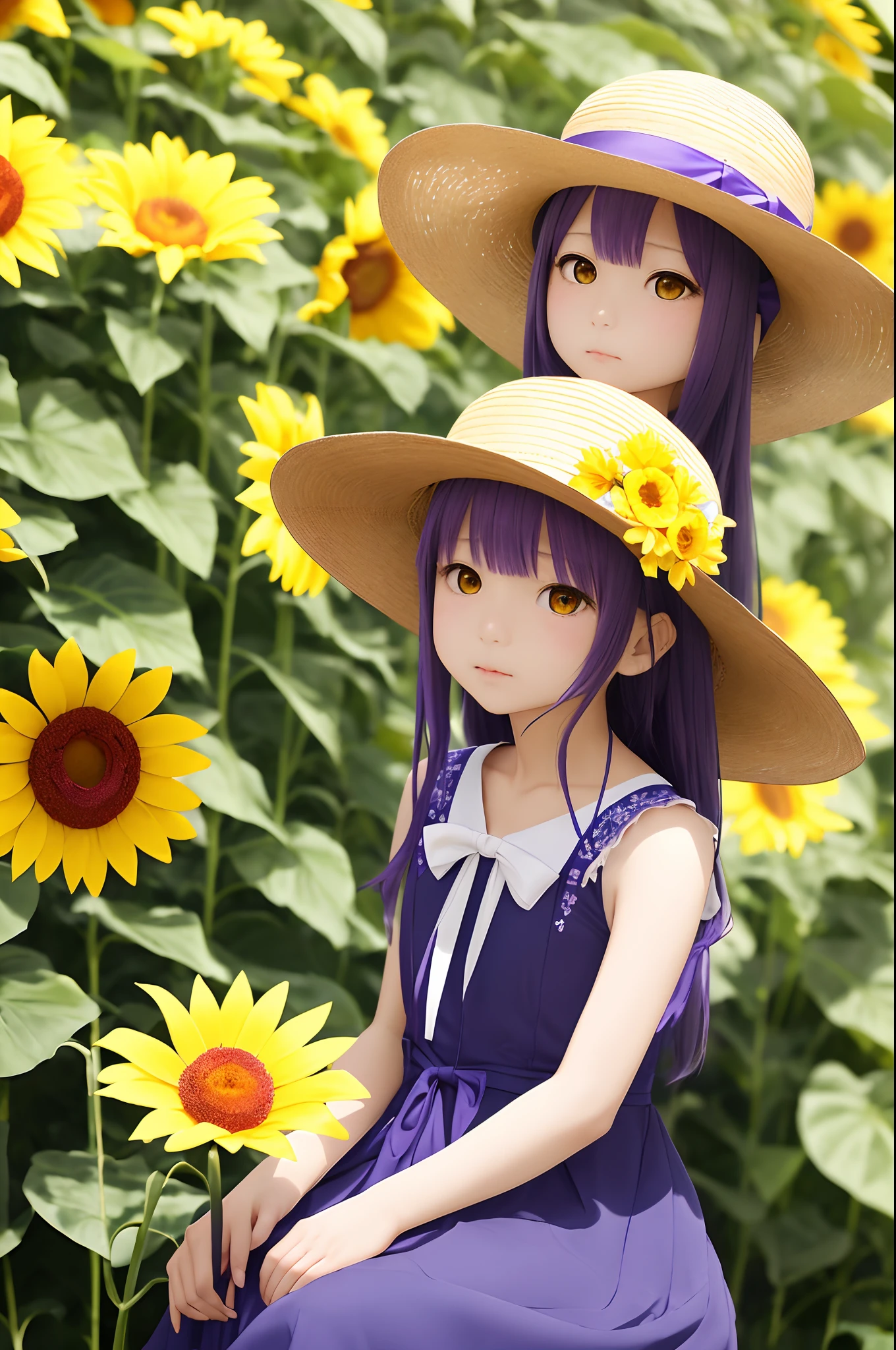 女の子1人、blue ribbons、鎖骨、florals、Hats、Longer dress、length hair、purple color hair、bow ribbon、Sleeveless、a straw fedora hat、Sun flower、yellow eyes、yellow flower