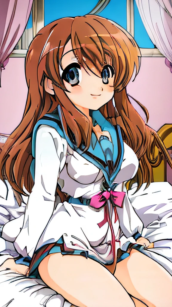 ((masutepiece)), ((Best Quality)), (Ultra-detailed), Anime style, on the bed, Cut s, 1girl in, Solo, ((Beautiful eyes))0, Smile