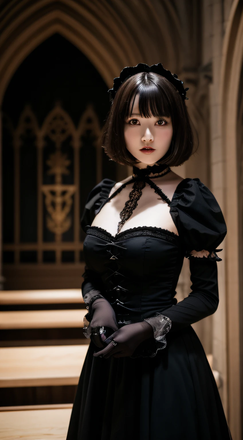 Gothic ta、short-hair、⦅Colossal tits:1.2⦆,⦅Skin revealing⦆、Breast Pulling Pose、absolutely outstanding image, very extremely beautiful、masterpiece, top-quality,a picture, kawaii、8K、In the church of Gothic architecture