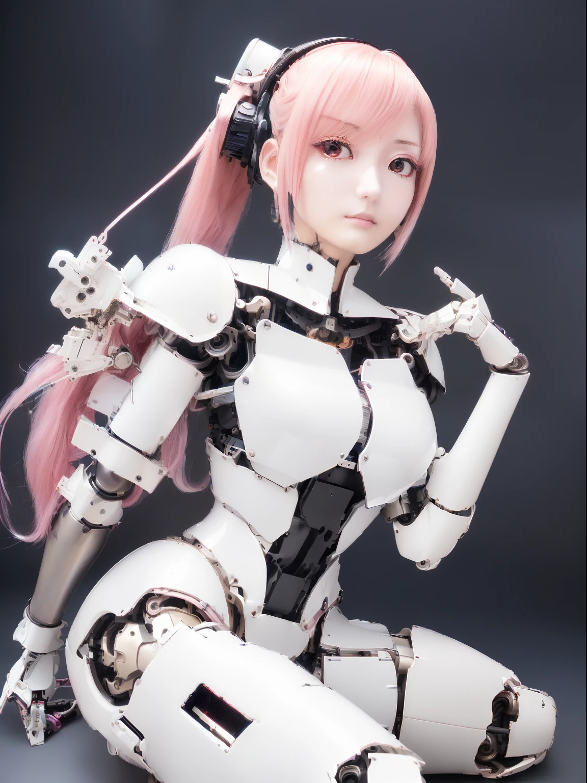 ((masutepiece)), ((top-quality), high quarity、ultra-definition, Realistic,  fulcolor 、One Beautiful Broken Maid Robot Woman、Joints of machines、Frame of the machine、Thick wire joints、White porcelain mechanical armor、(Curvaceous face)、deadpan、pink straight hair、((Electronic substrate))、Take photos from head to knee