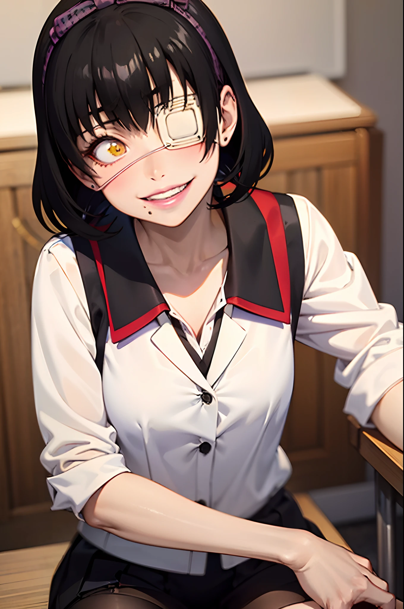 (best quality:1.1), (masterpiece:1.4), (absurdres:1.0), portrait, close-up
1girl, ikishima midari, short hair, black hair, eyepatch, looking at viewer, red school uniform,  black skirt, classroom, smile, (metal studs),