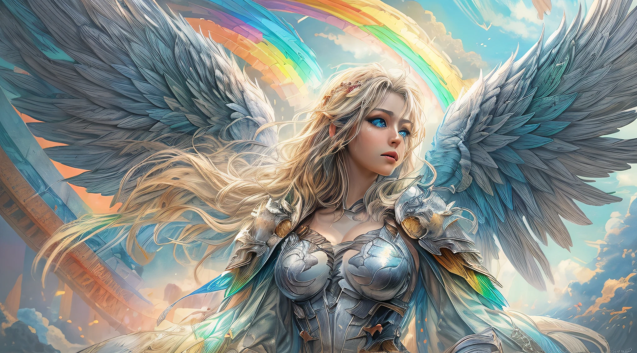 igh details, best quality, 16k, [ultra detailed], masterpiece, best quality, dynamic angle, ultra wide shot, RAW, photorealistic, fantasy art, realistic art, a picture of a (colorful rainbow: 1.5) in the heavens and an archangel flying by, fantasy art, RPG art, a full distance shot, an epic, vibrant colored (rainbow: 1.5) between the clouds, an epic beautiful female archangel, blond hair, long hair, (wavy hair: 1.2), (blue eyes: 1.2), intense eyes (best detailed face: 1.3), (ultra feminine: 1.3) spread angelic wings angel_wings, (full colored rainbow colored wings: 1.5) wearing heavy armor, light clouds in the background, 16k, ultra detailed, masterpiece, best quality, ultra detailed, full body, ultra wide shot, photorealistic,