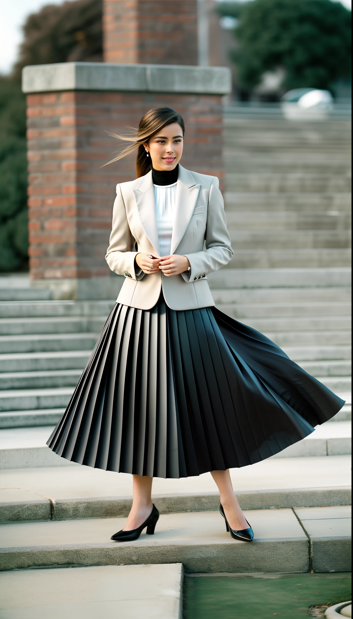 very (seductive:1,9) smiling attractive lesbian woman wearing short blazer and very very detailed (long (fully pleated) full circle skirt) and (simple) low heeled office shoes, very very intricate hyper-detailed symmetric (attractive graceful young feminine face) with (sad, tired eyes and a shy smile), large breasts, full of empathy and compassion and love, (pronounced (feminine) features), (highly detailed ultra accurate realistic) hands and fingers, (windy conditions and wind blowing), epic composition, highly detailed attributes, highly detailed atmosphere, (35mm f1.4 Kodak portra 400 photograph), extremely high quality RAW photograph,