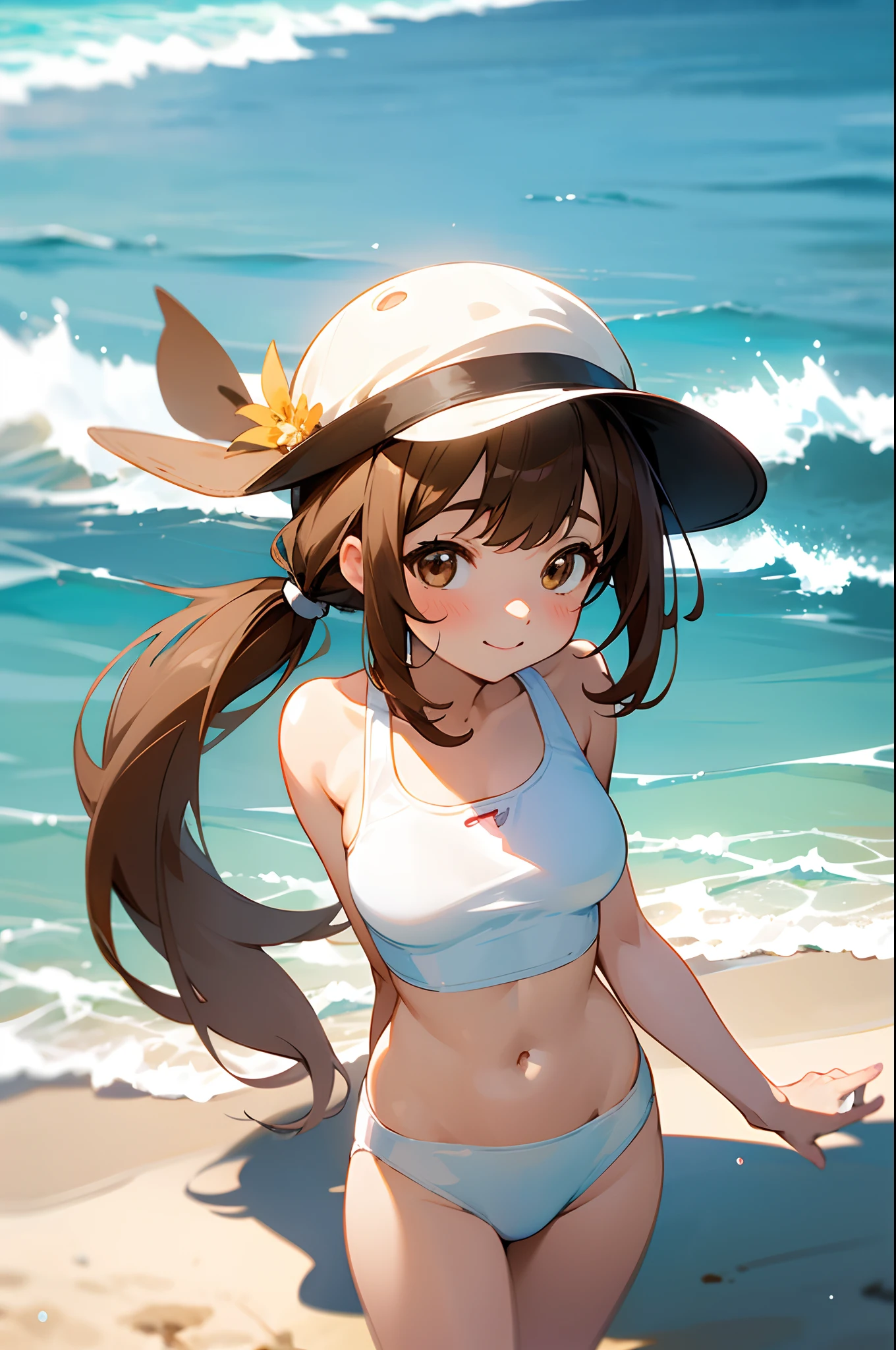 Friendly Looking, Sweet Looking, Anime girl, Brown pigtail hair, Brown hairs, Brown eyes, background landscape, sunny beach, Beautiful, White Swimsuit, two piece, medium breast size, Hat, at the beach, looking at viewer, In shape, Cute,  4k Best quality, Anime Style 4k, In a mood, Happy,