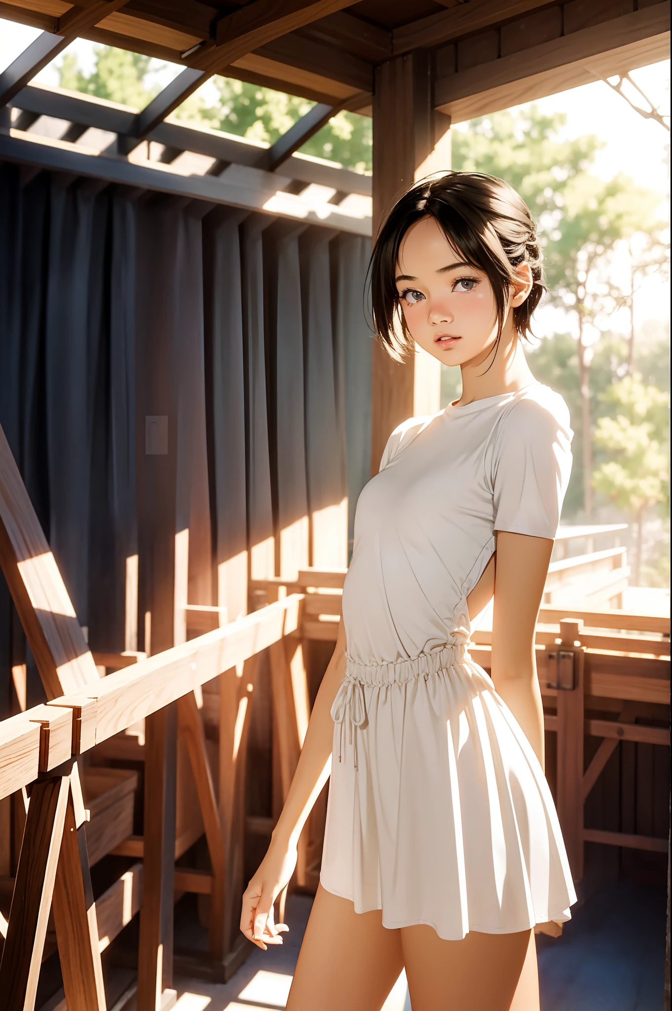 ((-teen girl)), nuclose-up photo from thighs to face, photo from below, very light skin, short hair, forest, wooden houses, sunset, photorealistic, indirect lighting, volumetric light, ray tracing, hyperdetailed