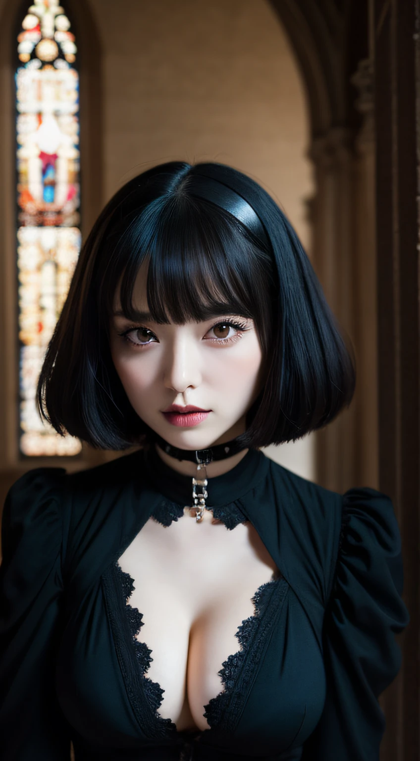 Gothic lolita、short-hair、｟Colossal tits:1.2｠,｟Skin revealing｠、Breast Pulling Pose、absolutely outstanding image, very extremely beautiful、​masterpiece, top-quality,a picture, kawaii、8K、In the church of Gothic architecture