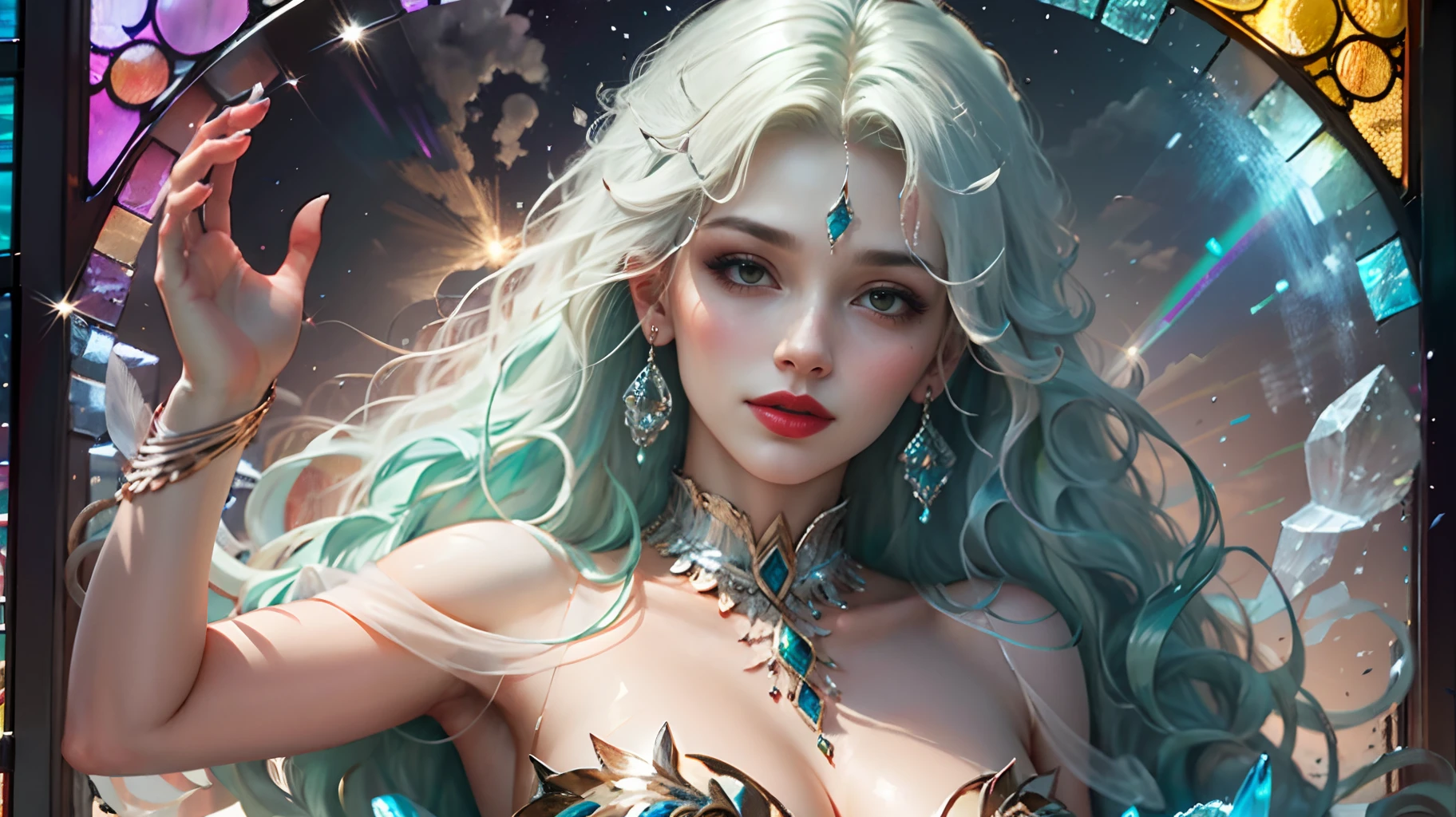 A crystal woman whose whole body is made of glass, a statue made of crystal, a rainbow of seven colors, high quality and top quality like stained glass
