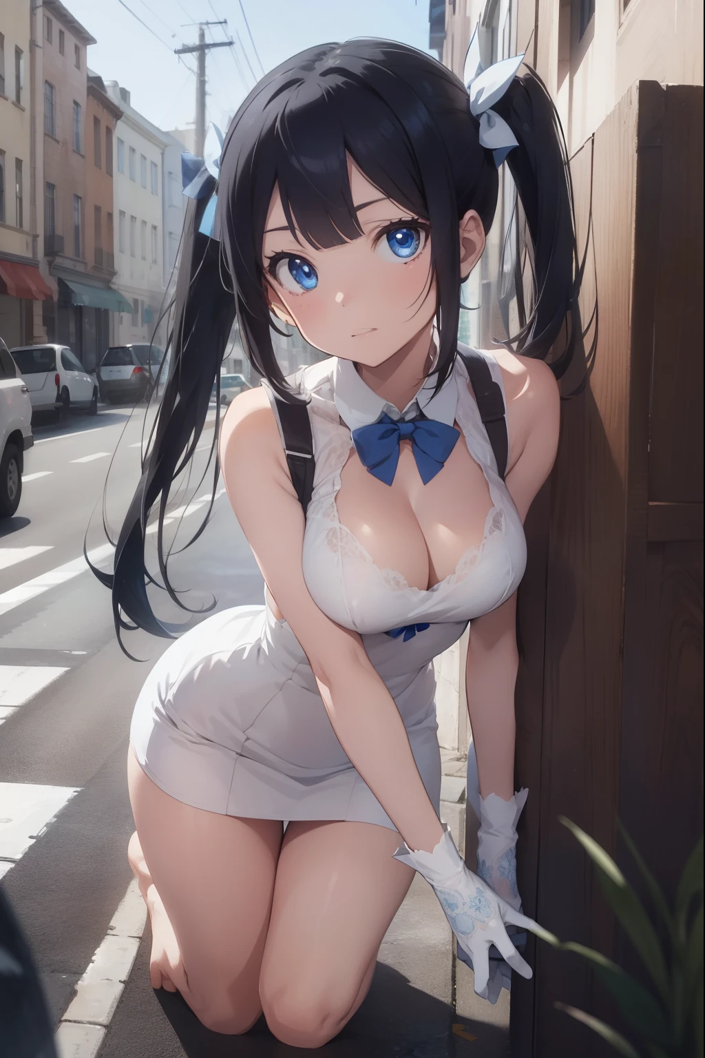 danmachihestia, hestia, blue eyes, black hair, twintails, 
BREAK barefoot, blue bow, blue bowtie, bow, bowtie, cleavage, cleavage cutout, clothing cutout, dress, gloves, pencil dress, rei no himo, short dress, white dress, white gloves,
BREAK looking at viewer,
BREAK outdoors, city,
BREAK (masterpiece:1.2), best quality, high resolution, unity 8k wallpaper, (illustration:0.8), (beautiful detailed eyes:1.6), extremely detailed face, perfect lighting, extremely detailed CG, (perfect hands, perfect anatomy),