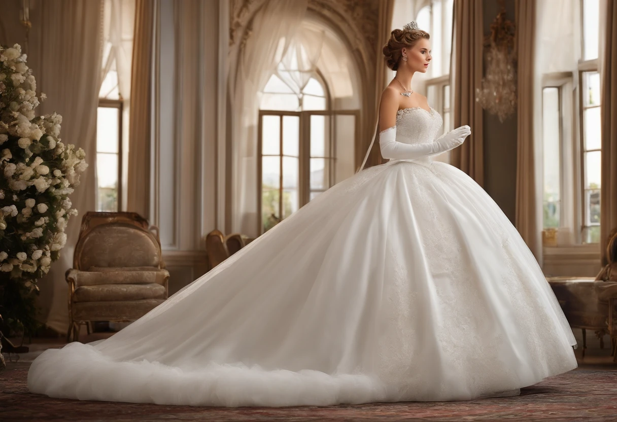 Best quality, Masterpiece, The future crown prince wears a stately and delicate royal wedding dress in white satin and tulle，Wear extra-long white gloves，Decorated with a huge ribbon bow, Lace, frilld, Woven pleats, Embroidery and jewelry, With large puff sleeves, Hourglass waist and voluminous Crinoline hoop skirt, bustle, and trains, white long gloves, pearl necklace and earrings, Carefully curly and styled hair