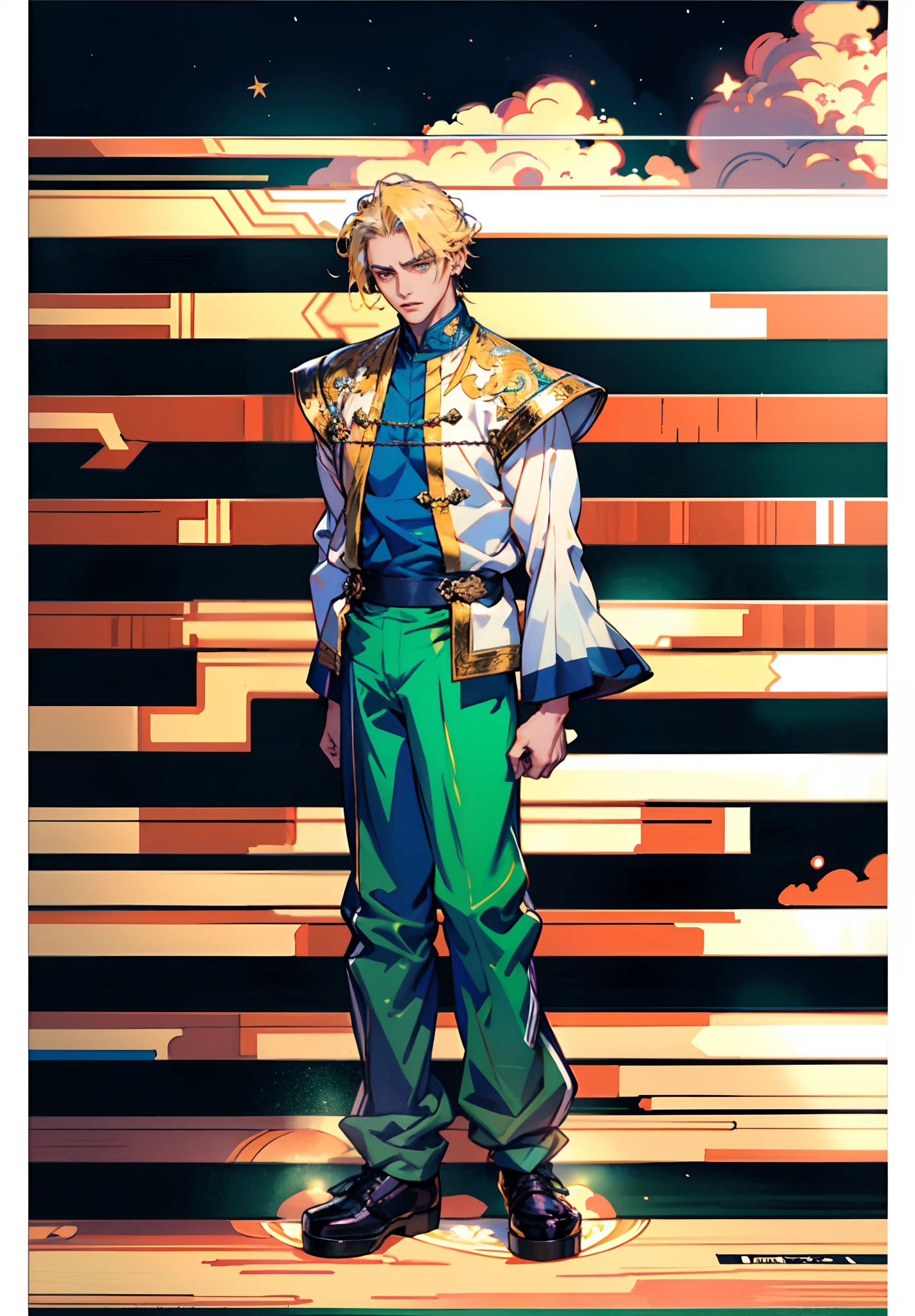 A man with short golden hair, hair standing straight up, a long tuft of bangs, thick eyebrows, a melancholic gaze, a square-shaped face, wears a Chinese-style wide-sleeved undershirt, over which he layers an open-front Dao robe, a color scheme of green and blue and yellow and white, he wears plain trousers and coarse cloth shoes, against the backdrop of a star-studded night sky, this character embodies a finely crafted fantasy-style Chinese martial artist character in anime style, characterized by an exquisite and mature manga illustration art style, full body character drawing, high definition, best quality, highres, ultra-detailed, ultra-fine painting, extremely delicate, professional, anatomically correct, symmetrical face, extremely detailed eyes and face, high quality eyes, creativity, RAW photo, UHD, 8k, Natural light, cinematic lighting, masterpiece:1.5