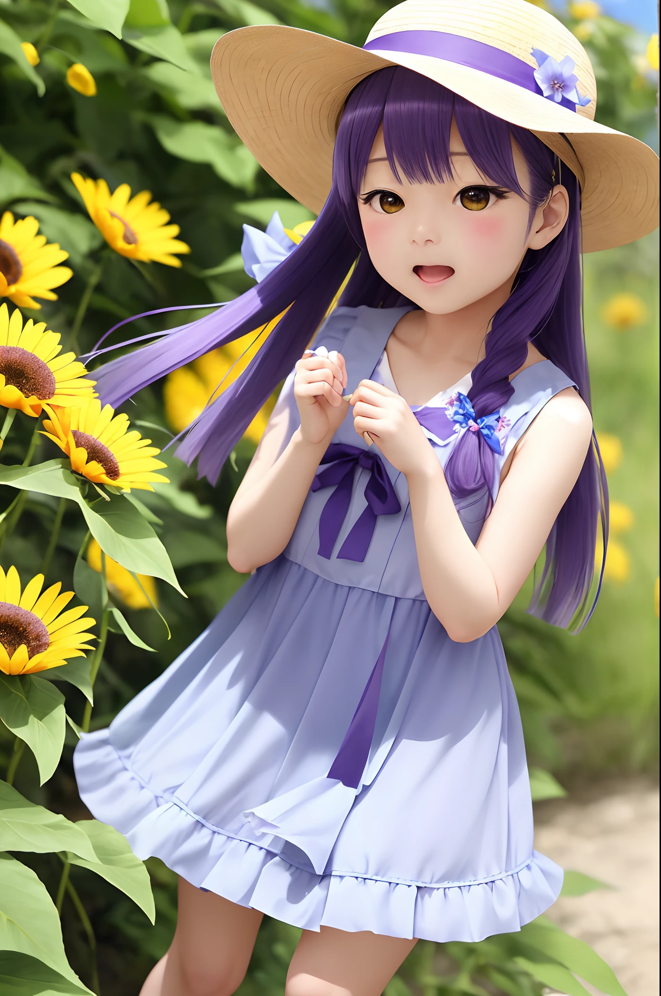 1人、blue ribbons、鎖骨、florals、Hats、Windy, That's why I'm wearing a hat、Yawning face、Longer dress、length hair、purple color hair、bow ribbon、Sleeveless、a straw fedora hat、Sun flower、yellow eyes、yellow flower、There is a flower in the foreground、Petals are fluttering、butterflys々is flying、kawaii pose