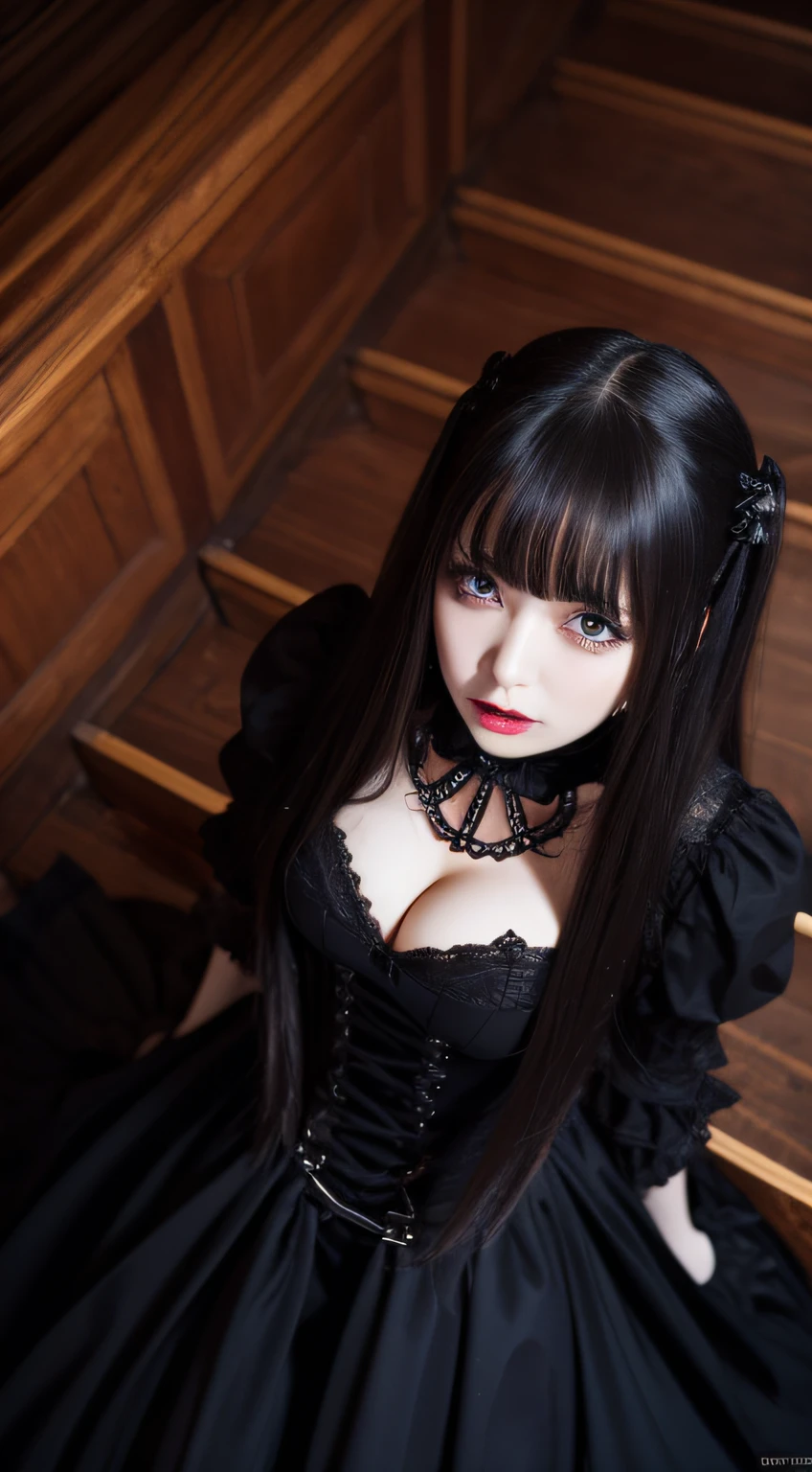Gothic lolita、from above,Ahegao｟Colossal tits:1.2｠,｟Skin revealing｠、Breast Pulling Pose、absolutely outstanding image, very extremely beautiful、​masterpiece, top-quality,a picture, kawaii、8K、In the church of Gothic architecture