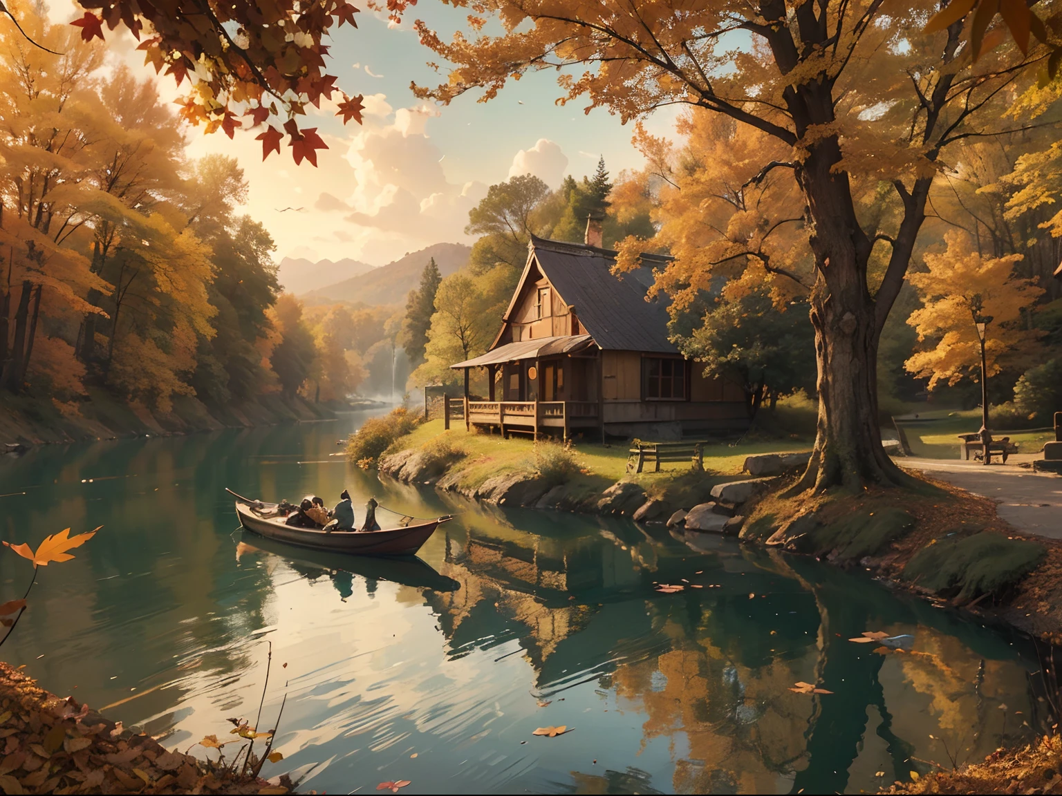 Create captivating autumn depictions, autumnal,eventide,riverbank,Scenic beauty,A place where nature and technology live in harmony,Let this artwork transport the viewer to another world, Old and new intertwined,Form a charming tapestry of nostalgia and innovation.