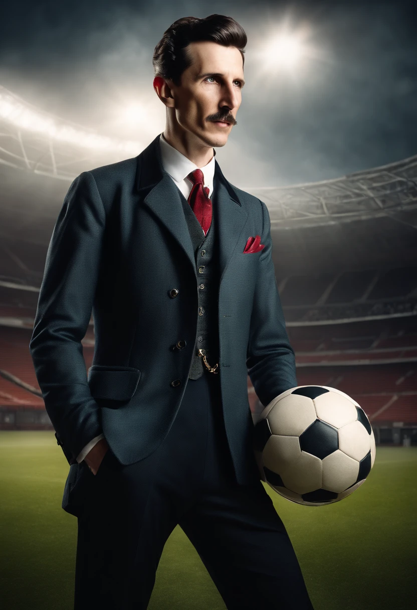 (((Nikola Tesla))), wearing soccer outfit, looking at viewer, portrait, hyper detailed POV, rich colors, hyper realistic, lifelike texture, dramatic lighting, standing in a soccer Stadium, detailed symmetric realistic face, extremely detailed natural texture, extremely detailed, amazing, fine detail, photo realistic, RAW photo, TanvirTamim, high quality, highres, sharp focus, extremely detailed, cinematic lighting, Top image quality, hight resolution, full body,、play along the stadium, Ball, (((see the whole body))), Edge Of Realism, lifelike texture, dramatic lighting, hdr