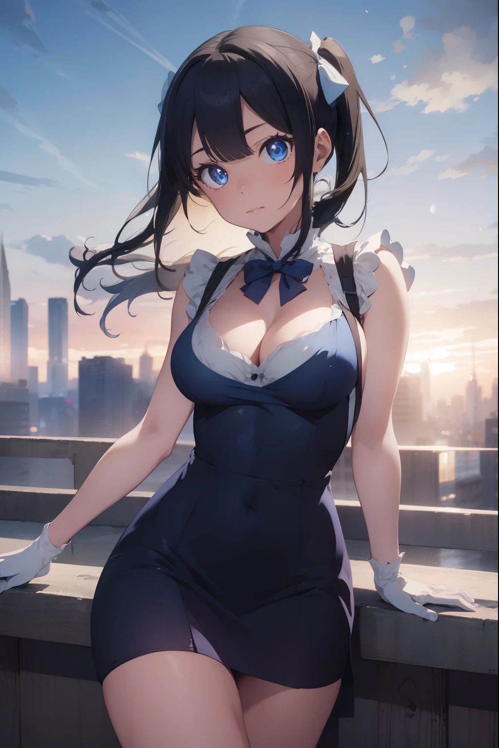 danmachihestia, hestia, blue eyes, black hair, twintails, 
BREAK barefoot, blue bow, blue bowtie, bow, bowtie, cleavage, cleavage cutout, clothing cutout, dress, gloves, pencil dress, rei no himo, short dress, white dress, white gloves,
BREAK looking at viewer,
BREAK outdoors, city,
BREAK (masterpiece:1.2), best quality, high resolution, unity 8k wallpaper, (illustration:0.8), (beautiful detailed eyes:1.6), extremely detailed face, perfect lighting, extremely detailed CG, (perfect hands, perfect anatomy),