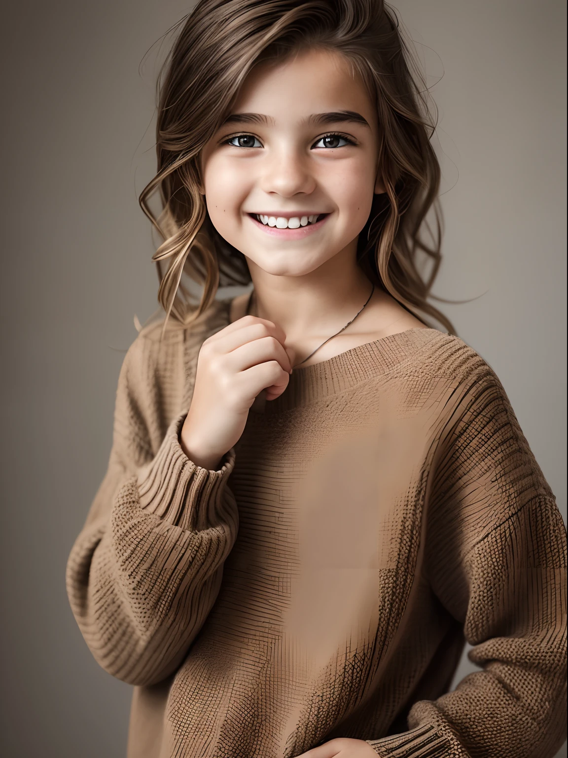 Realistic photo of a 10-year-old girl of European appearance(Yana Poplavskaya in childhood), Severely disheveled, tousled, shaggy shoulder-length brown hair ; Large shiny dark brown eyes, long eyelashes, thick eyebrows, mischievous, Carefree, Carefree, cheerful, mischievous hooligan look, A wide hooligan grin, grin, Noticeable chipping of the angle of the front tooth; He looks defiantly at the camera from under his eyebrows(a slight tilt of the head forward and down), Plotting a prank;, old leaky stretched brown sweater on naked body, torn jeans, Shoes; Without cosmetics, Unadorned; relaxed Gouging hooligan pose; Professional studio photography with a film SLR camera("Zorkiy-4"), (passport photo), hight resolution, Natural Realistic Detailed Skin Texture, natural lightin, 8K, Texture of the photo card, Maximum photorealism