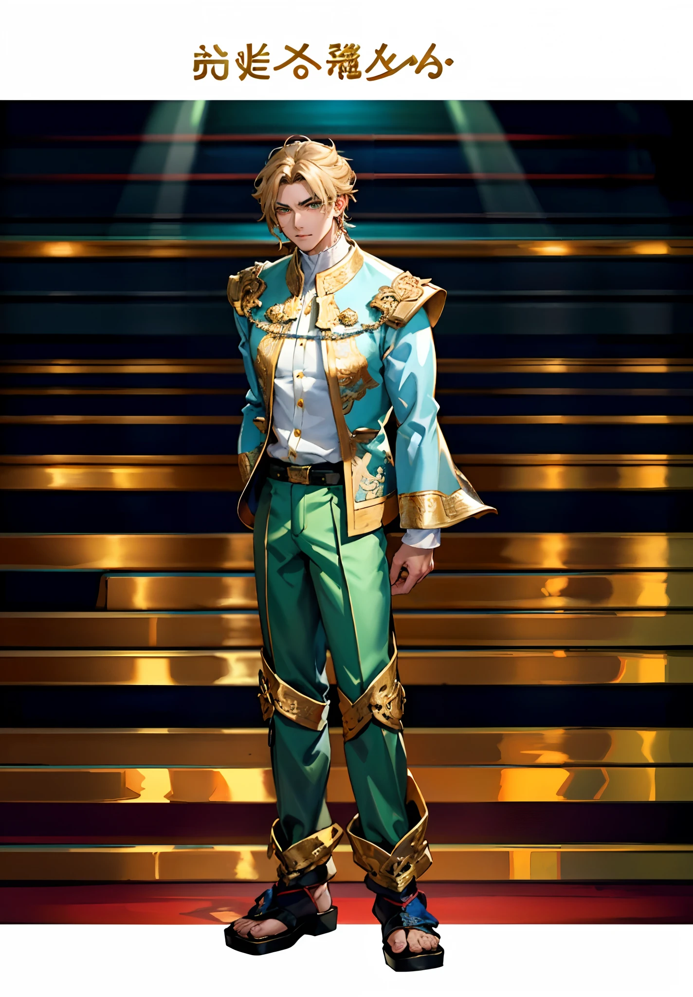 A man with short golden hair, hair standing straight up, a long tuft of bangs, thick eyebrows, a melancholic gaze, a square-shaped face, wears a Chinese-style wide-sleeved undershirt, over which he layers an open-front Dao robe, a color scheme of green and blue and yellow and white, he wears plain trousers and coarse cloth shoes, against the backdrop of a star-studded night sky, this character embodies a finely crafted fantasy-style Chinese martial artist character in anime style, characterized by an exquisite and mature manga illustration art style, full body character drawing, high definition, best quality, highres, ultra-detailed, ultra-fine painting, extremely delicate, professional, anatomically correct, symmetrical face, extremely detailed eyes and face, high quality eyes, creativity, RAW photo, UHD, 8k, Natural light, cinematic lighting, masterpiece:1.5