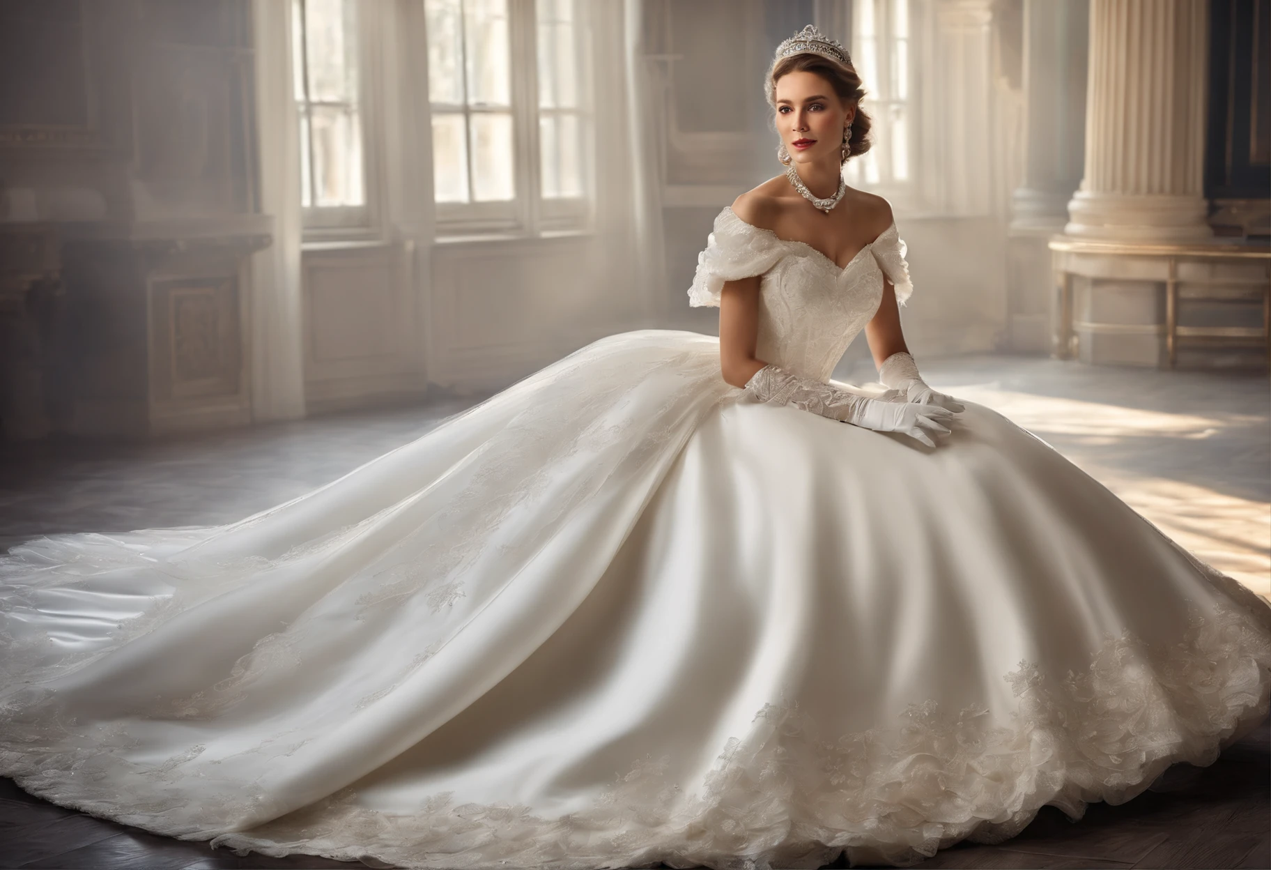 Best quality, Masterpiece, The future Crown Princess wears a stately and delicate royal wedding dress in white satin and tulle,Wear extra-long white gloves,Decorated with a huge ribbon bow, Lace, frilld, Braided pleats, Embroidery and jewelry, With huge puff sleeves, Hourglass waist and voluminous Crinoline hoop skirt, bustle, and trains, white long gloves, pearl necklace and earrings, Carefully curly and styled hair