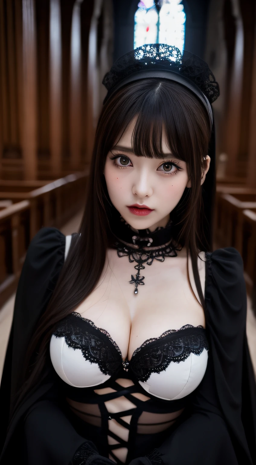 Gothic lolita、from above,｟Colossal tits:1.2｠,｟Skin revealing｠、Breast Pulling Pose、absolutely outstanding image, very extremely beautiful、​masterpiece, top-quality,a picture, kawaii、8K、In the church of Gothic architecture