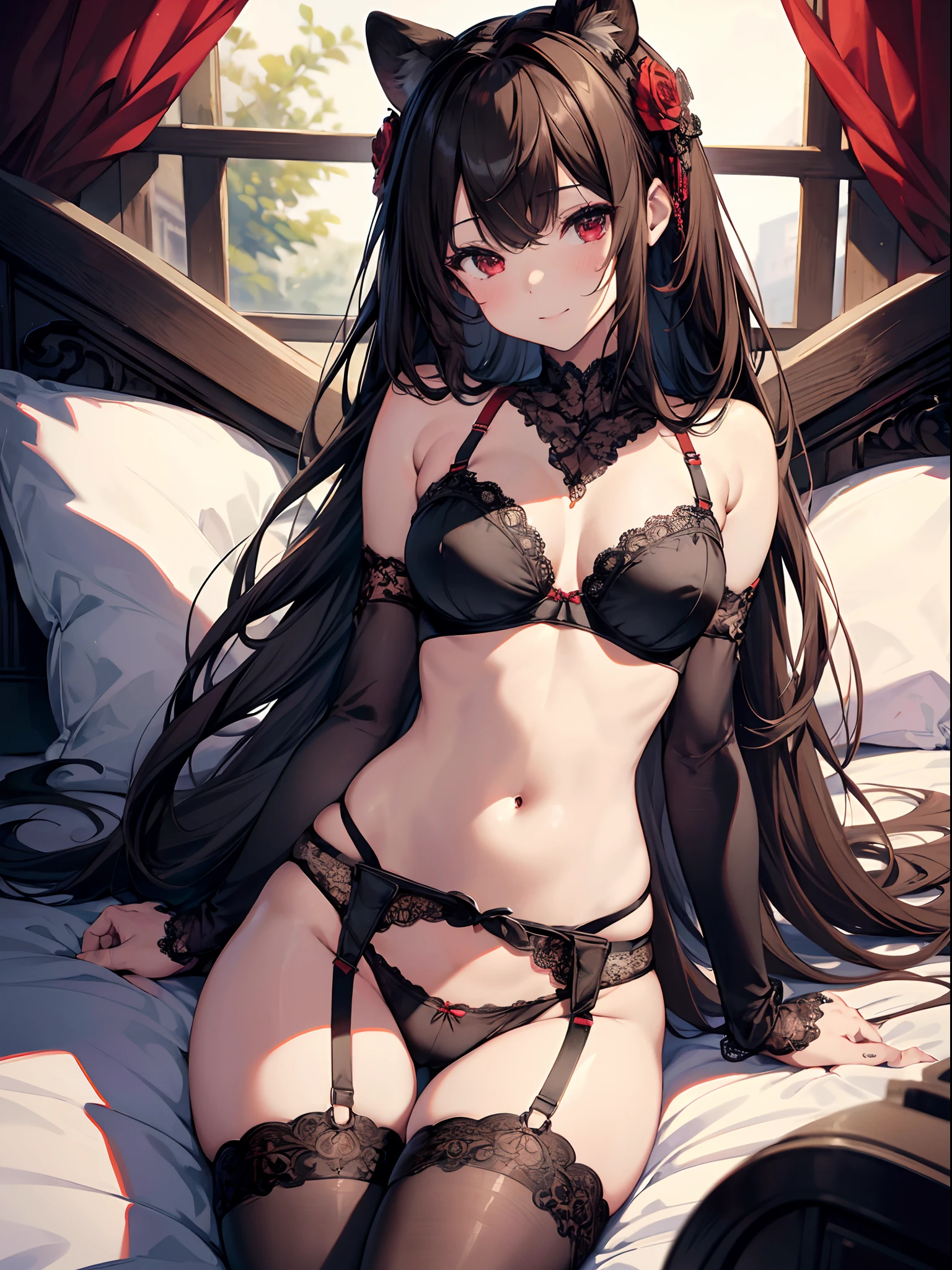 absurderes,(masterpiece、top-quality、8K ),intricate detailes,ultra-detailliert、Hyper realistic,Perfect Anatomy ,One Cute Girl,Smile,Brown hair,Red Eyes,raccoon ears,(Black lace bra、Black lace T-back:1.3),(Girder Belt、Black stockings:1.3),((Thigh Focus、Absolute area:1.4)),Sleeping in bed、Intricate details, Hyper realistic, Perfect Anatomy