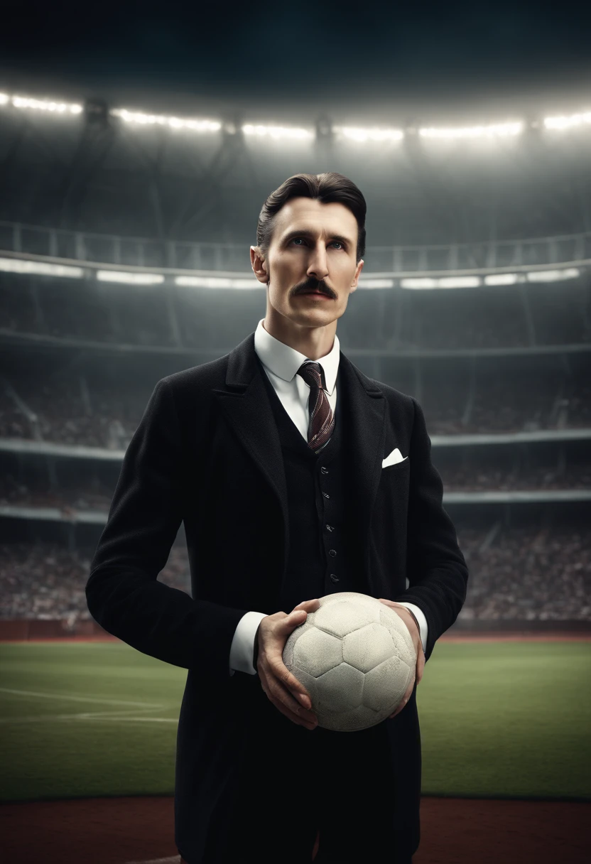 (((Nikola Tesla))), wearing soccers player outfit, looking at viewer, portrait, hyper detailed POV, rich colors, hyper realistic, lifelike texture, dramatic lighting, standing in a soccer Stadium, detailed symmetric realistic face, extremely detailed natural texture, extremely detailed, amazing, fine detail, photo realistic, RAW photo, TanvirTamim, high quality, highres, sharp focus, extremely detailed, cinematic lighting, Top image quality, hight resolution, full body,、play along the stadium, Ball, (((see the whole body))), Edge Of Realism, lifelike texture, dramatic lighting, hdr