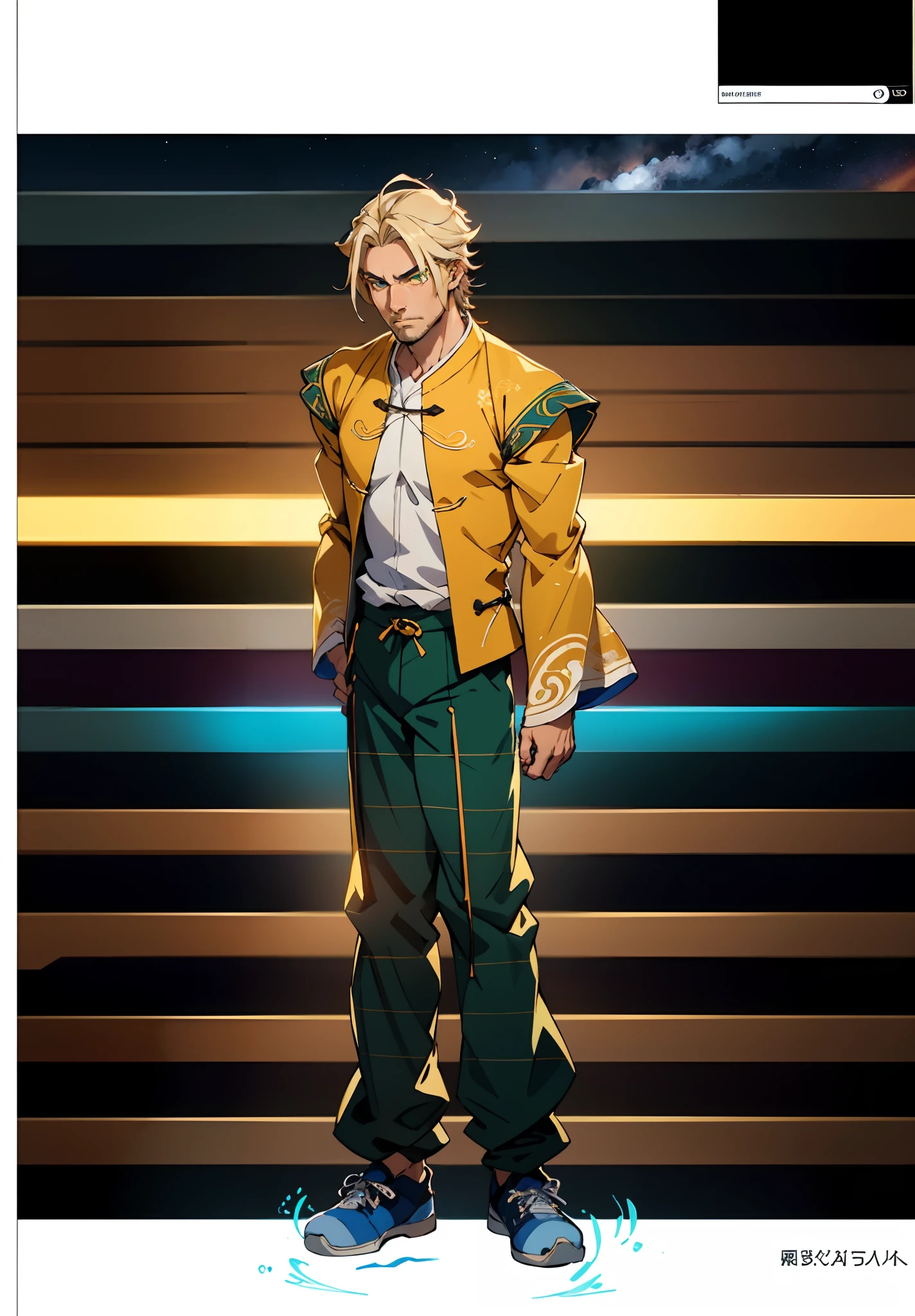 A man with short golden hair, hair standing straight up, a long tuft of bangs, thick eyebrows, a melancholic gaze, a square-shaped face, wears a Chinese-style wide-sleeved undershirt, over which he layers an open-front Dao robe, a color scheme of green and blue and yellow and white, he wears plain trousers and coarse cloth shoes, against the backdrop of a star-studded night sky, this character embodies a finely crafted fantasy-style Chinese martial artist character in anime style, characterized by an exquisite and mature manga illustration art style, full body character drawing, high definition, best quality, highres, ultra-detailed, ultra-fine painting, extremely delicate, professional, anatomically correct, symmetrical face, extremely detailed eyes and face, high quality eyes, creativity, RAW photo, UHD, 8k, Natural light, cinematic lighting, masterpiece:1.5