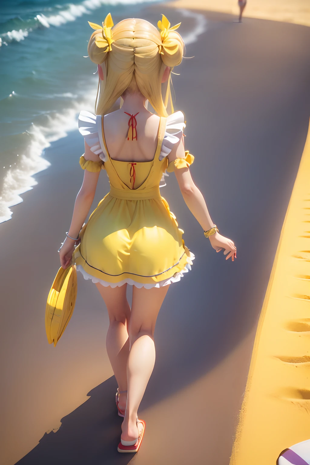 ( absurdly , High quality , ultra-detailliert ),((Summer at noon)),(((masutepiece))),((the beach))),(()),(((Twin-tailed long blonde))),(((Yellow Maid Dress)))、with a red ribbon on the head,,,,,(((Wearing flip-flops))),,,((render of a cute 3d anime girl)),Super Detailed Beautiful Girl,, Rear view