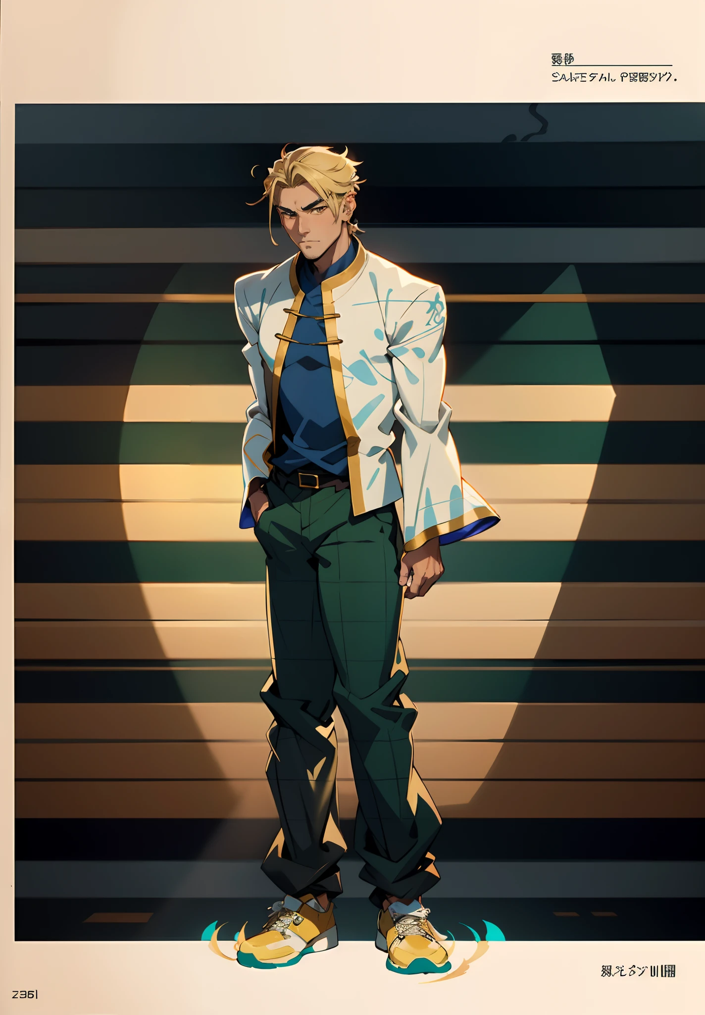A man with short golden hair, hair standing straight up, a long tuft of bangs, thick eyebrows, a melancholic gaze, a square-shaped face, wears a Chinese-style wide-sleeved undershirt, over which he layers an open-front Dao robe, a color scheme of green and blue and yellow and white, he wears plain trousers and coarse cloth shoes, against the backdrop of a star-studded night sky, this character embodies a finely crafted fantasy-style Chinese martial artist character in anime style, characterized by an exquisite and mature manga illustration art style, full body character drawing, high definition, best quality, highres, ultra-detailed, ultra-fine painting, extremely delicate, professional, anatomically correct, symmetrical face, extremely detailed eyes and face, high quality eyes, creativity, RAW photo, UHD, 8k, Natural light, cinematic lighting, masterpiece:1.5
