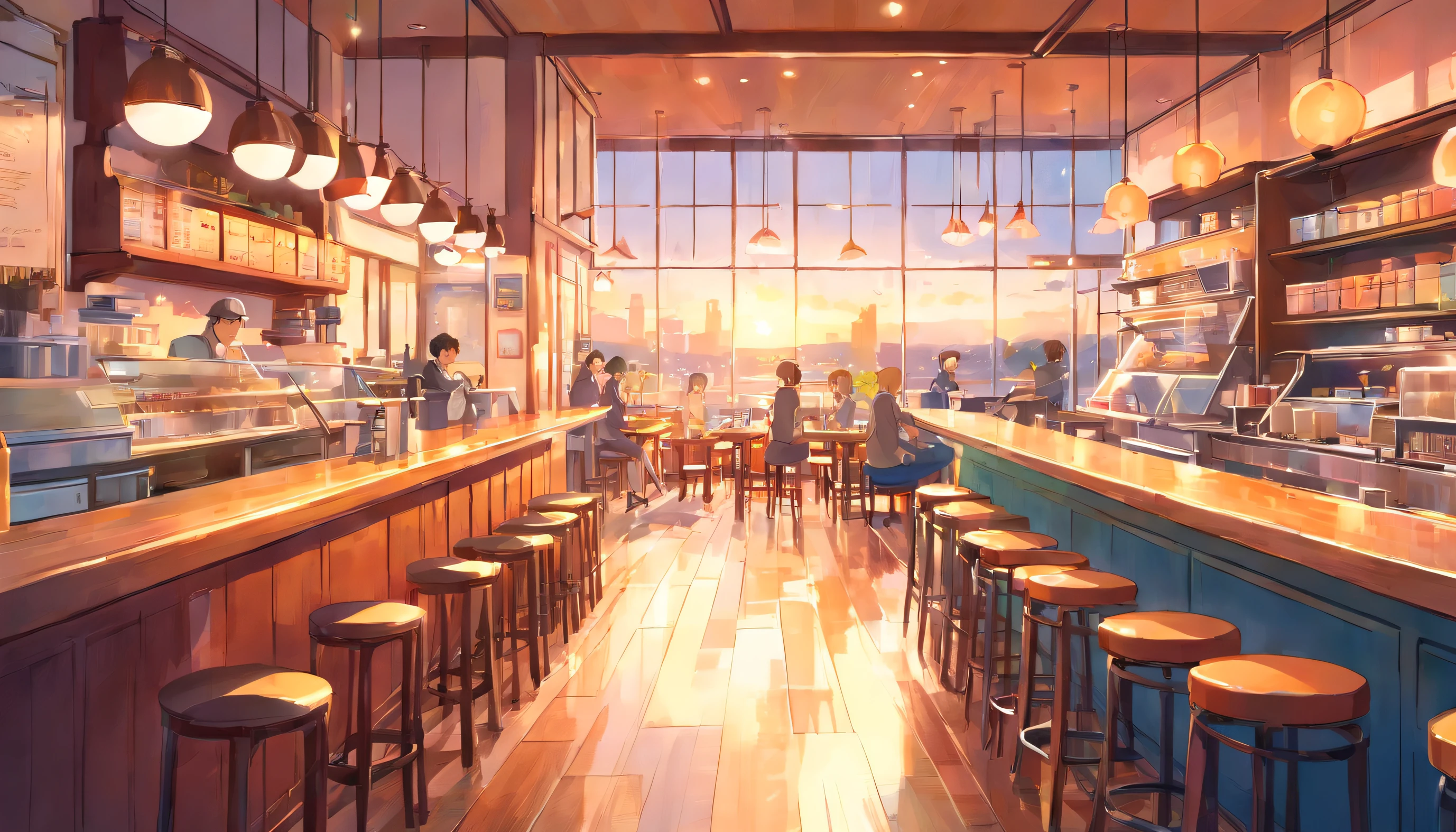 coffeehouse, chill music cafe, superior quality, masterpiece, soft focus, Bright gradient watercolor, visionary