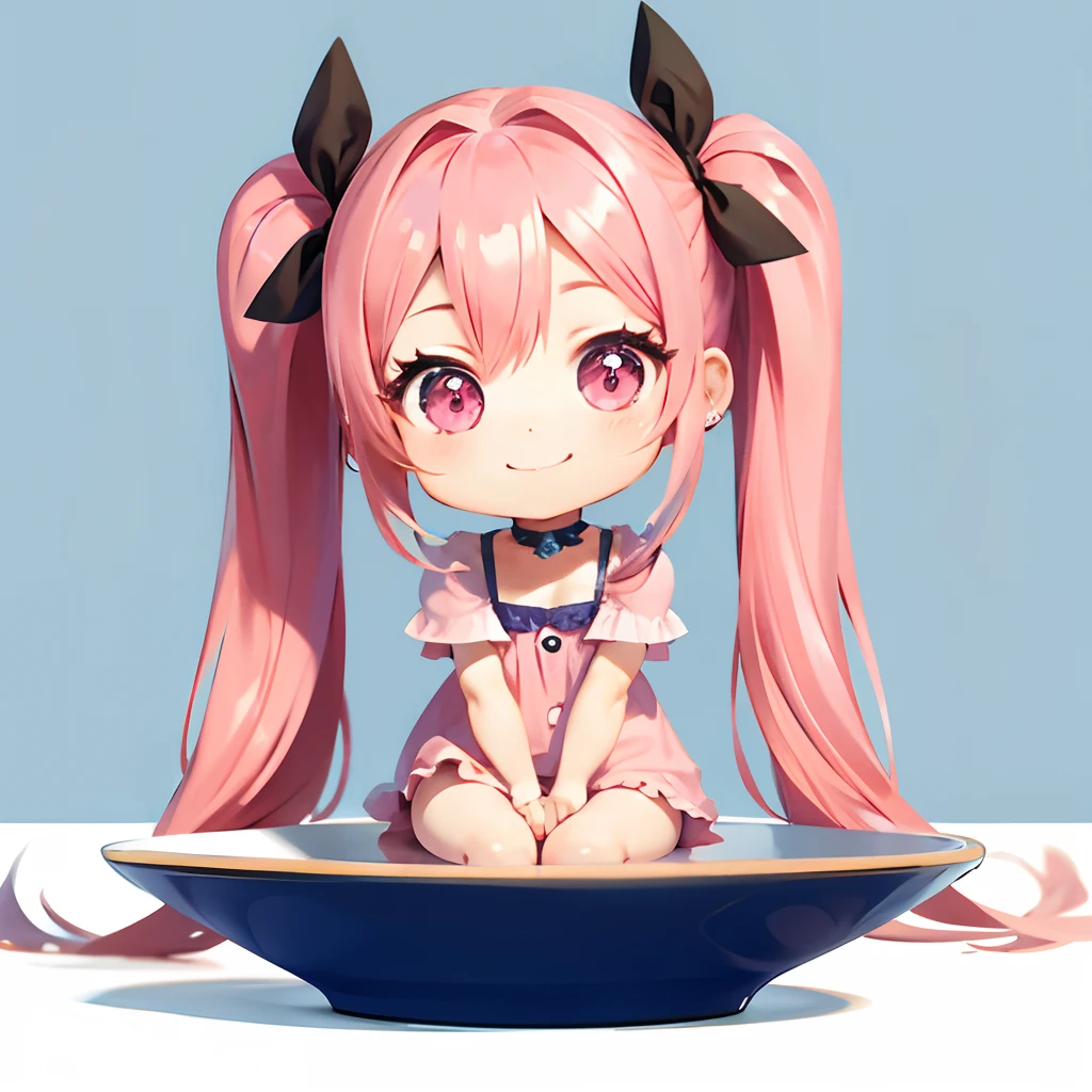 Cute chibi anime sitting on a blue plate, long pink hair with twin tails、Wear a hot pink mini dress, Smiling, Logo is cheap