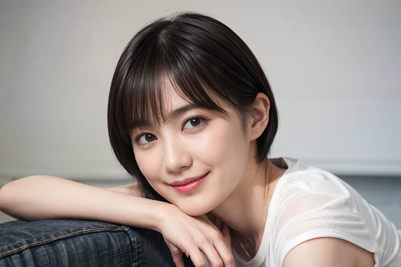((1womanl)), (((Black-short-hair))), (masuter piece:1,3)、top-quality、masterpiece、hight resolution、Original、highly detailed wallpaper、jeans、 (A slight smil)、a small face、((full breasts))、(Printed graphic t-shirt)、(light on face)、Live-action style, Beautiful facial features, Luxurious large room, cowboy shot