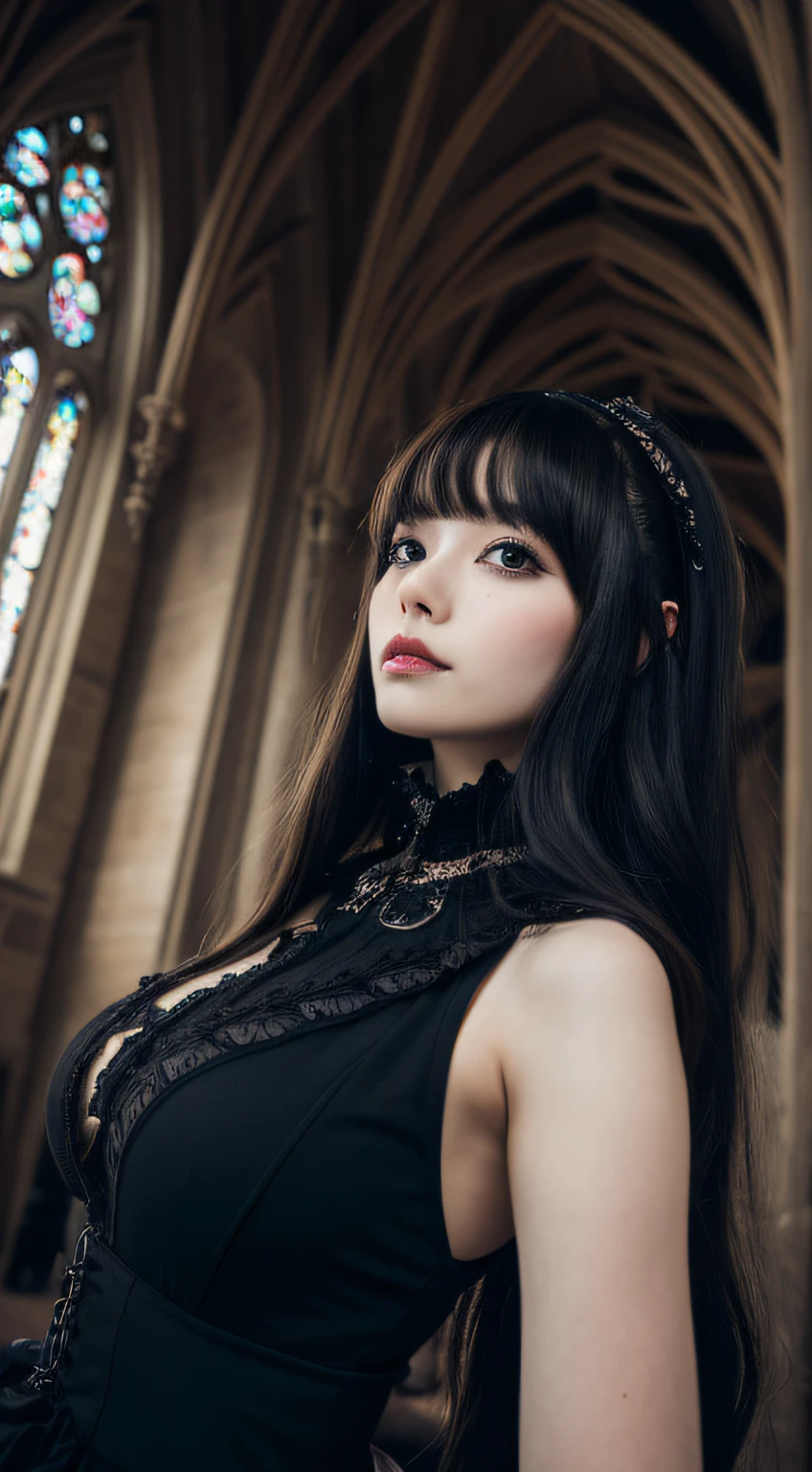 Gothic lolita、from below,｟Colossal tits:1.2｠,｟Skin revealing｠、Breast Pulling Pose、absolutely outstanding image, very extremely beautiful、​masterpiece, top-quality,a picture, kawaii、8K、In the church of Gothic architecture