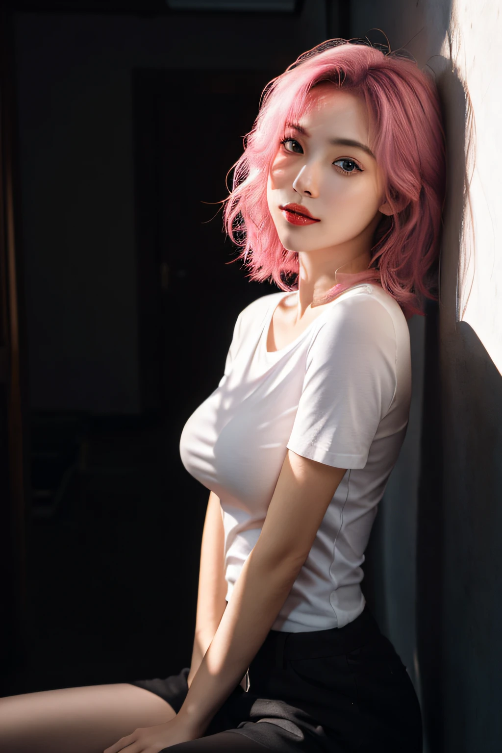 Ultra-realistic 8K CG,s the perfect face,flawless perfection,Ren,tmasterpiece,professionalartwork,famousartwork,s the perfect face,beauitful face,beautidful eyes,((Perfect female body)),独奏,(ring:1.2),(immersiveatmosphere,lightand shade contrast:1.5,Bright light:1.2,lumnious),,(Blushlush:0.5),Enchanting expression,Ultimate detail_The eye,Coarse and hard,mideum breasts,Exquisite background,depth of fields,photorealestic:1.3,Faraway view,1girll,,Combat posture,full bodyesbian,(ambient lights:1.3),(cinematic compositions:1.3),(neonlight:0.1),(hdr:0.1),emphasis lighting,Black shorts,A pink-haired,,Black short sleeves