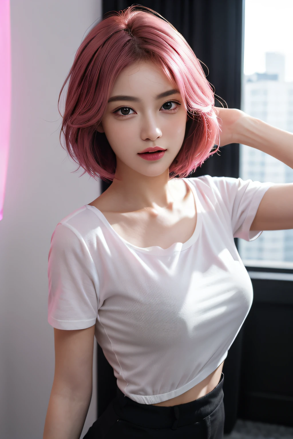 Ultra-realistic 8K CG,s the perfect face,flawless perfection,Ren,tmasterpiece,professionalartwork,famousartwork,s the perfect face,beauitful face,beautidful eyes,((Perfect female body)),独奏,(ring:1.2),(immersiveatmosphere,lightand shade contrast:1.5,Bright light:1.2,lumnious),,(Blushlush:0.5),Enchanting expression,Ultimate detail_The eye,Coarse and hard,mideum breasts,Exquisite background,depth of fields,photorealestic:1.3,Faraway view,1girll,,Combat posture,full bodyesbian,(ambient lights:1.3),(cinematic compositions:1.3),(neonlight:0.1),(hdr:0.1),emphasis lighting,Black shorts,A pink-haired,,Black short sleeves